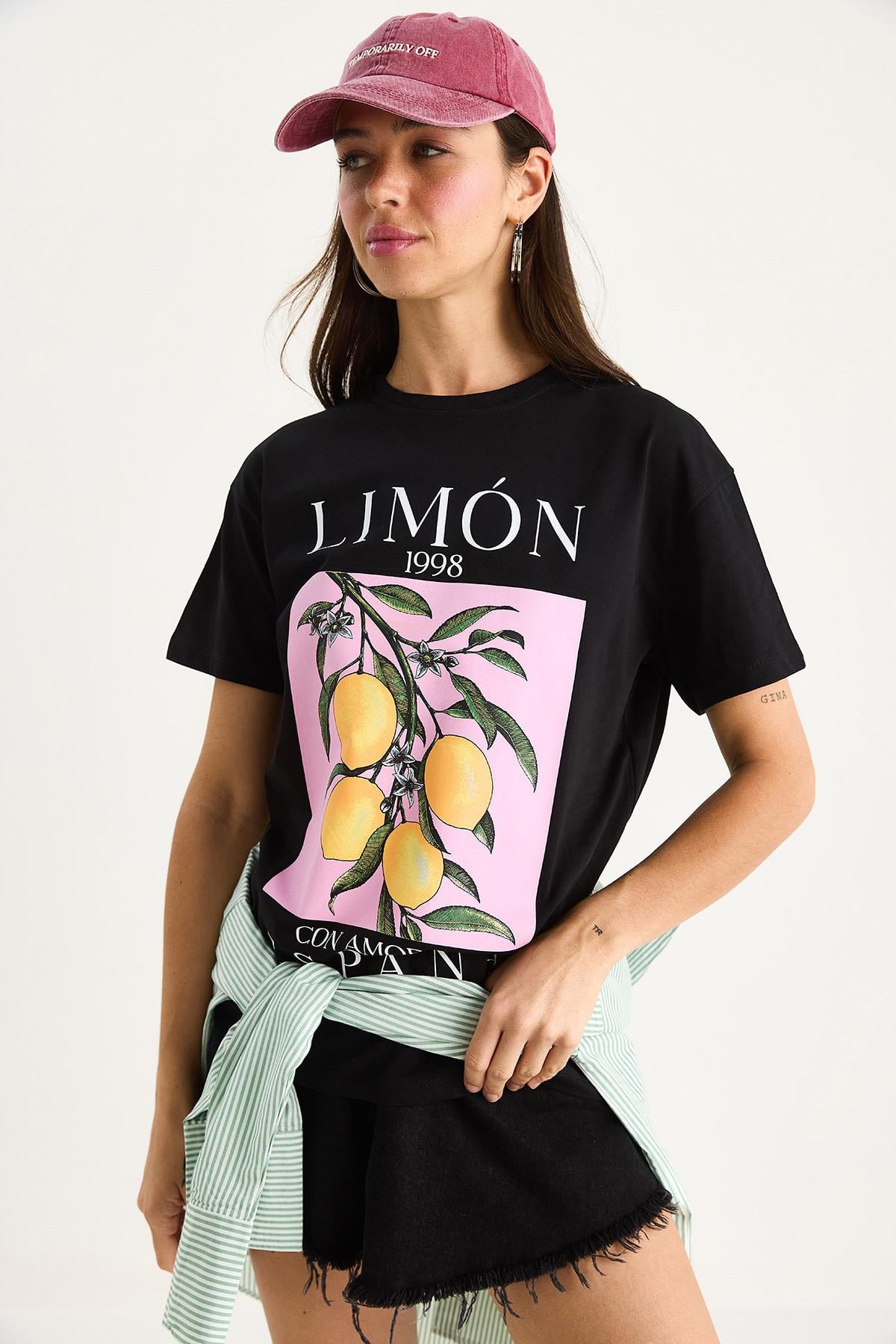 Kadın Limon Baskılı Bisiklet Yaka %100 Pamuklu T-Shirt 6701 60283452 - Siyah