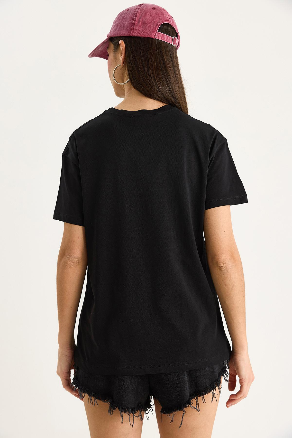 Kadın Limon Baskılı Bisiklet Yaka %100 Pamuklu T-Shirt 6701 60283452 - Siyah