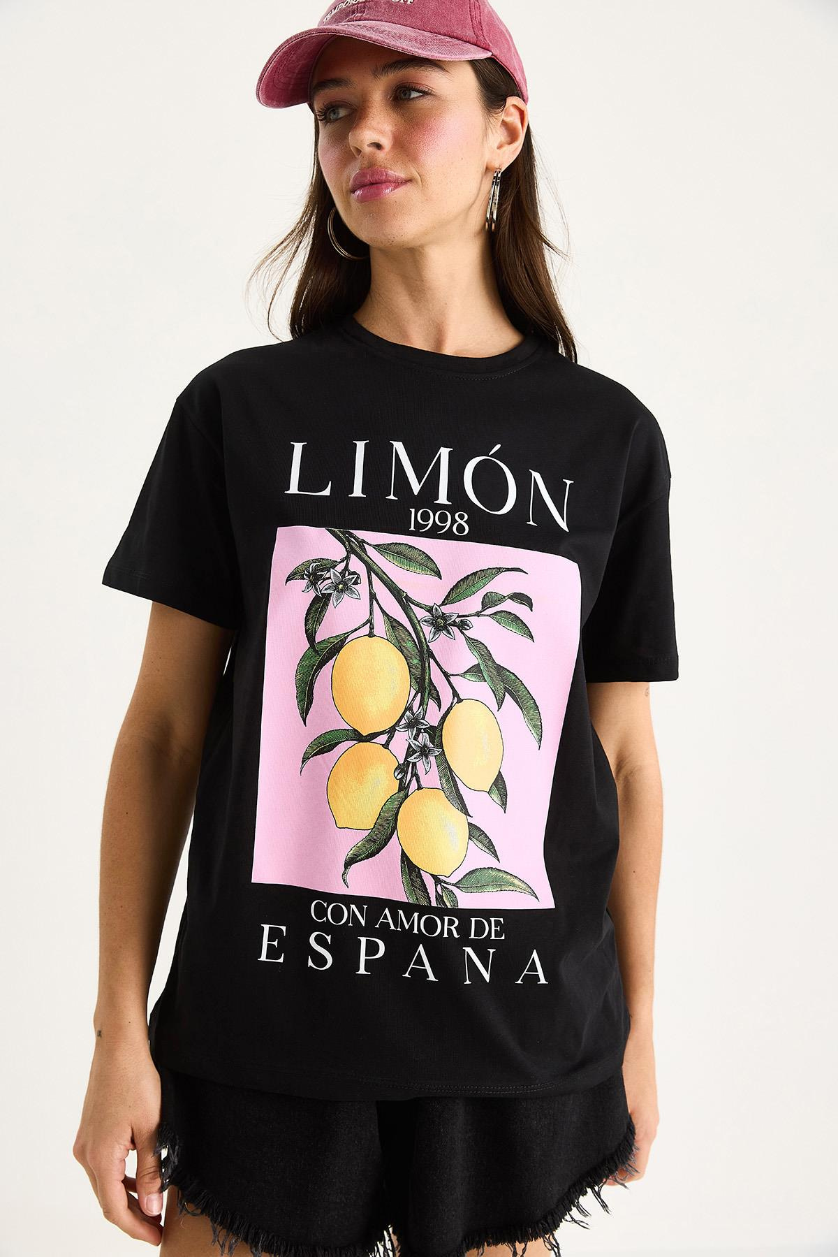 Kadın Limon Baskılı Bisiklet Yaka %100 Pamuklu T-Shirt 6701 60283452 - Siyah