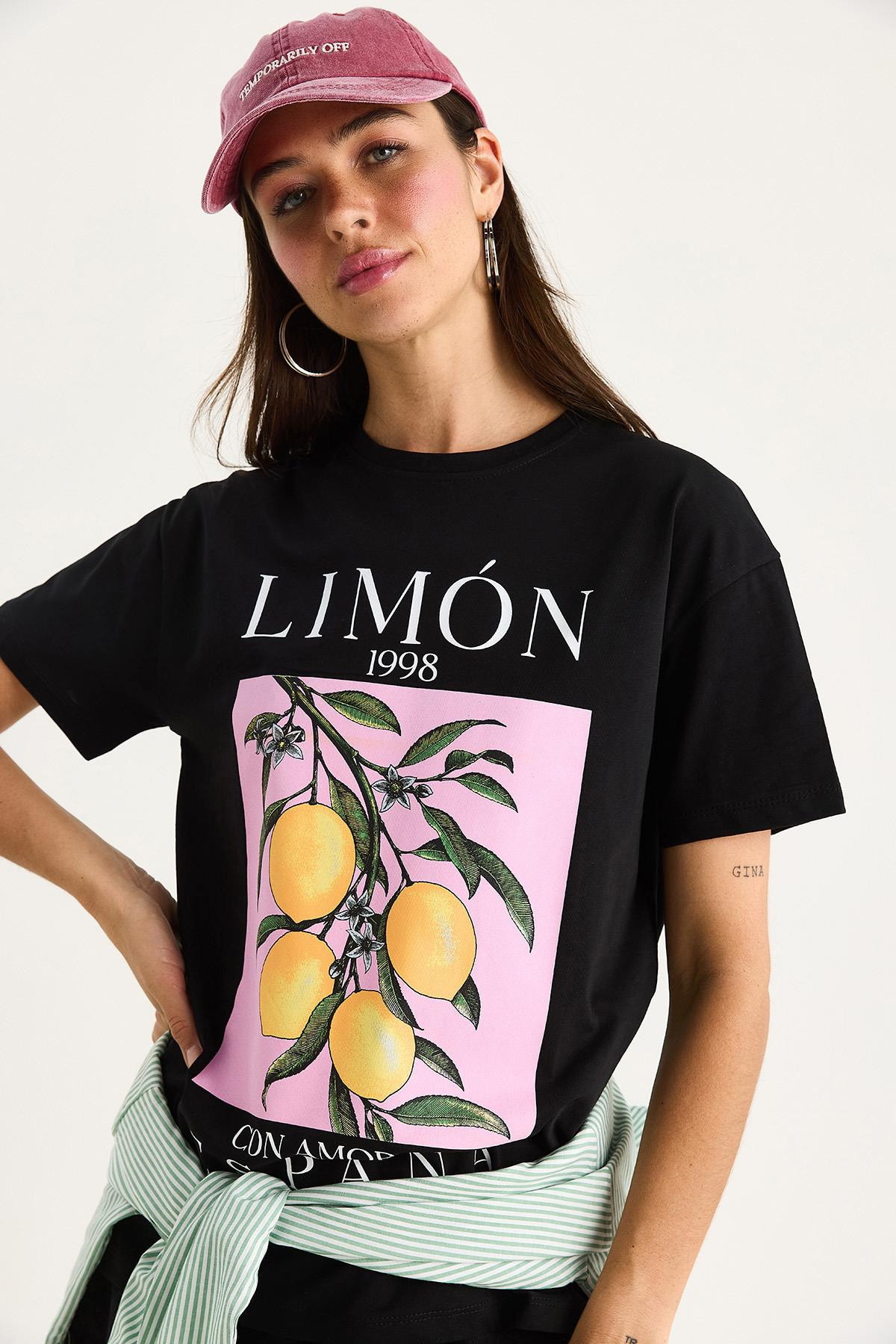 Kadın Limon Baskılı Bisiklet Yaka %100 Pamuklu T-Shirt 6701 60283452 - Siyah