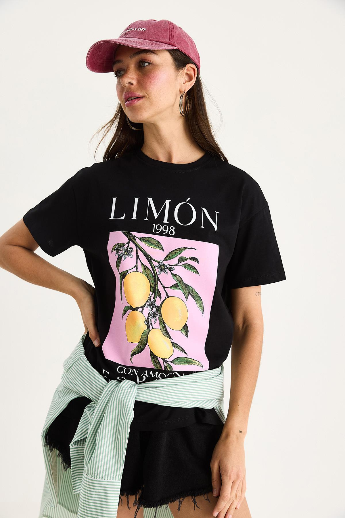 Kadın Limon Baskılı Bisiklet Yaka %100 Pamuklu T-Shirt 6701 60283452 - Siyah