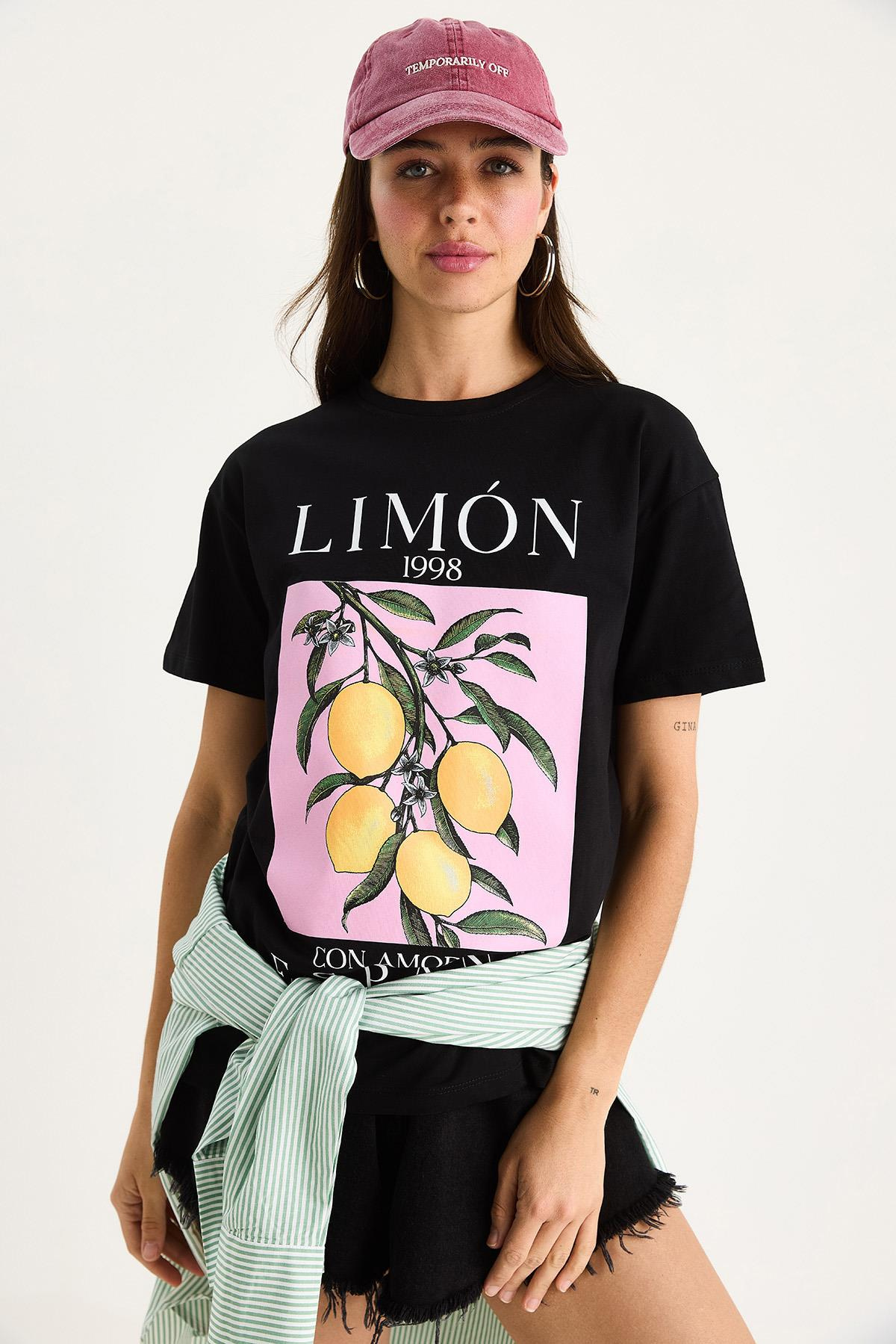 Kadın Limon Baskılı Bisiklet Yaka %100 Pamuklu T-Shirt 6701 60283452 - Siyah