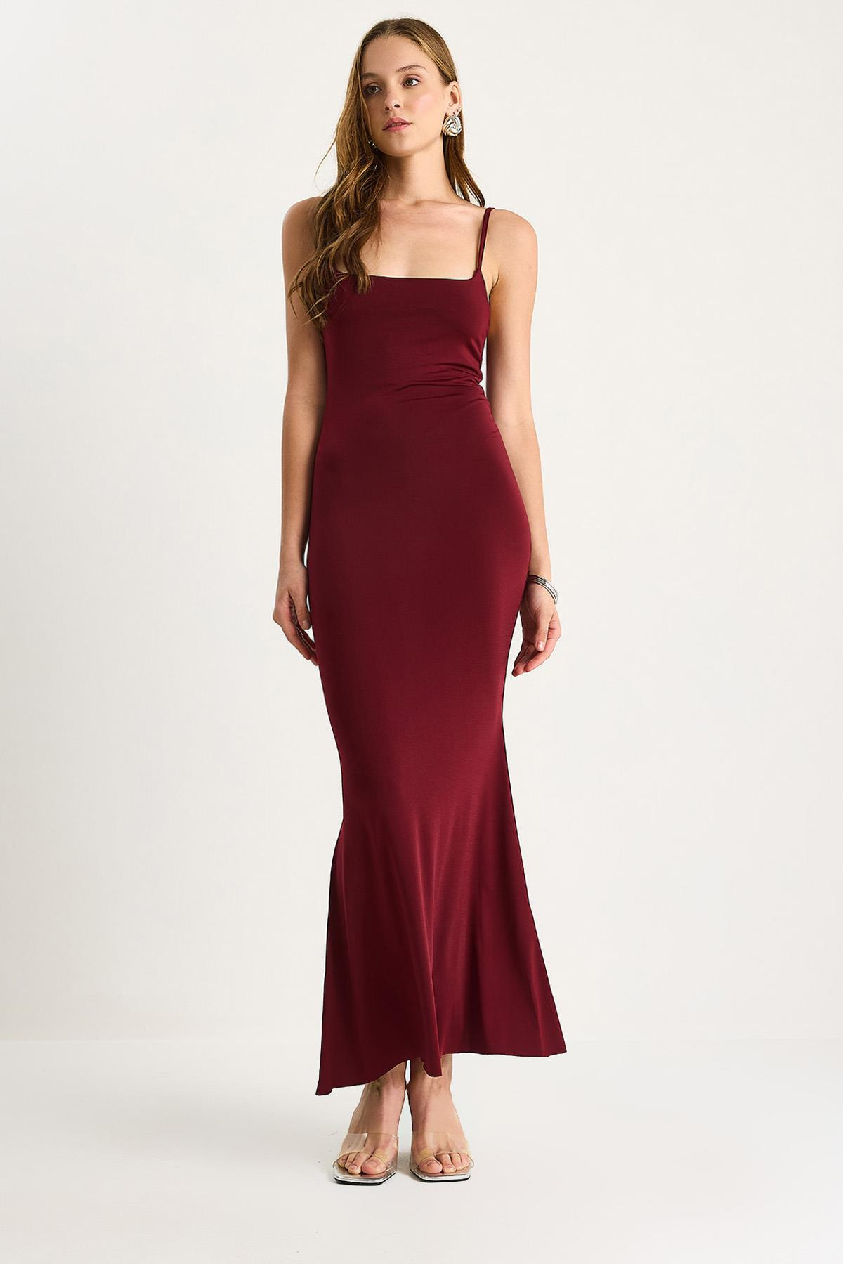 Kadın Midi Boy İnce Askılı Likralı 283 Elbise 60251428 - Bordo ELBİSE modelleri