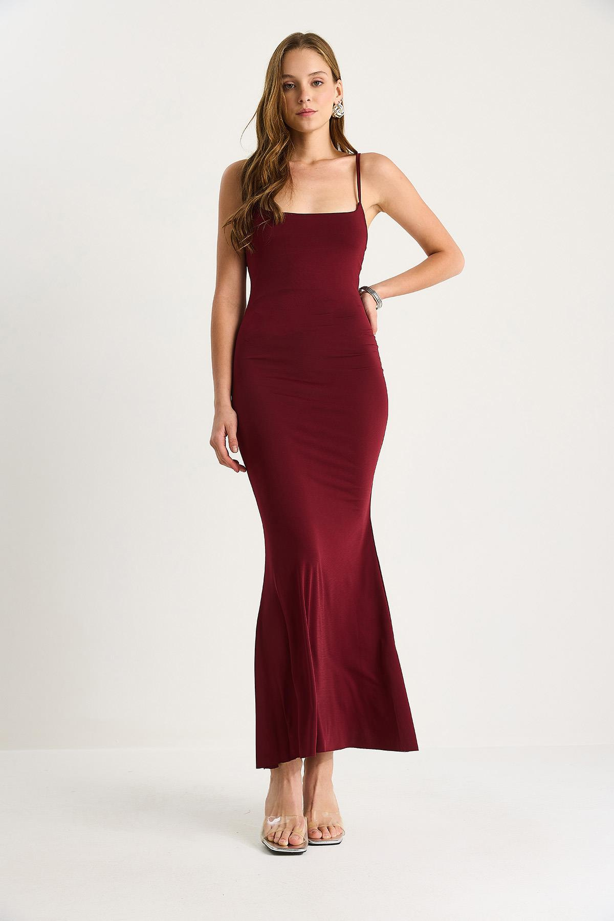 Kadın Midi Boy İnce Askılı Likralı 283 Elbise 60251428 - Bordo ELBİSE modelleri