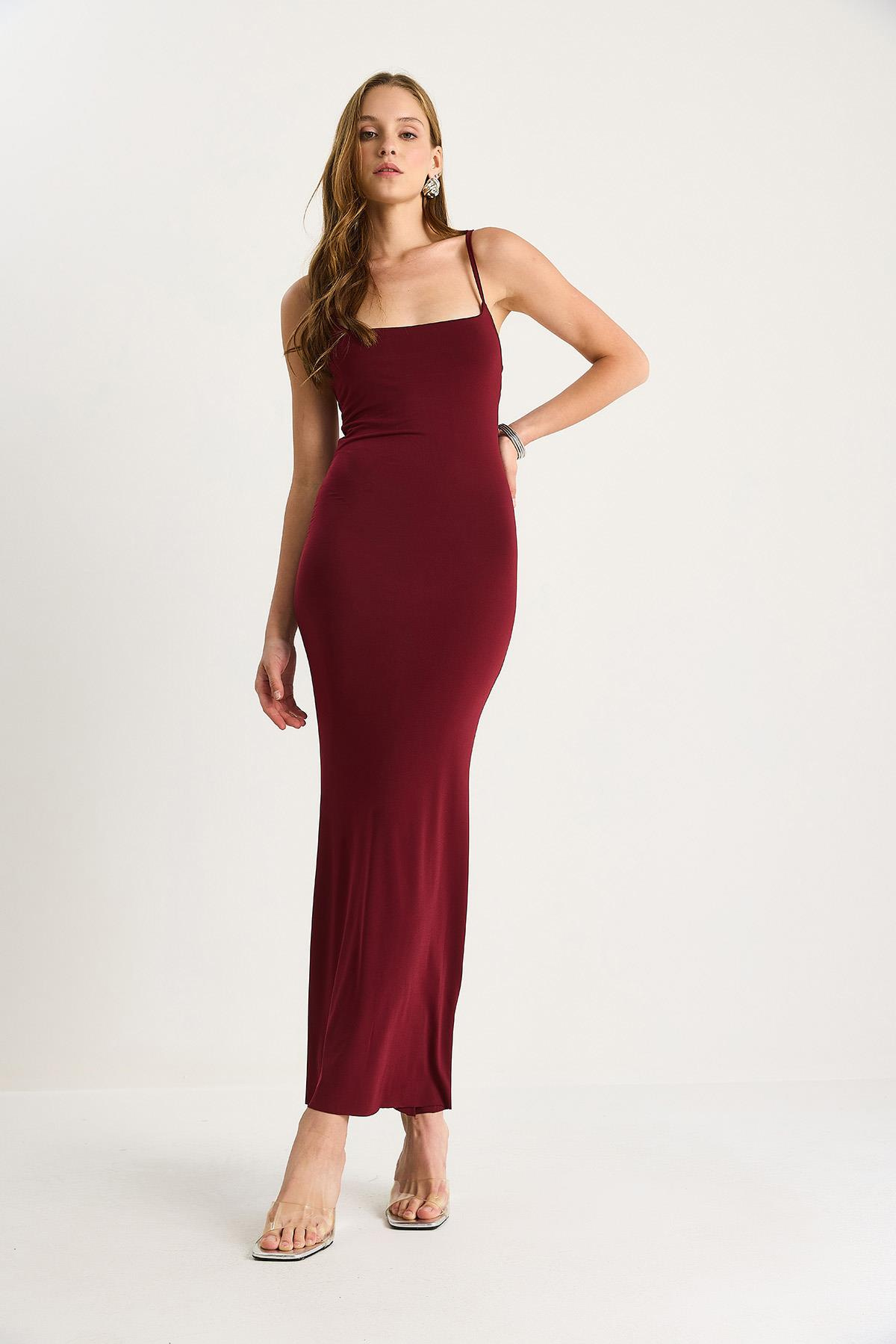 Kadın Midi Boy İnce Askılı Likralı 283 Elbise 60251428 - Bordo ELBİSE modelleri