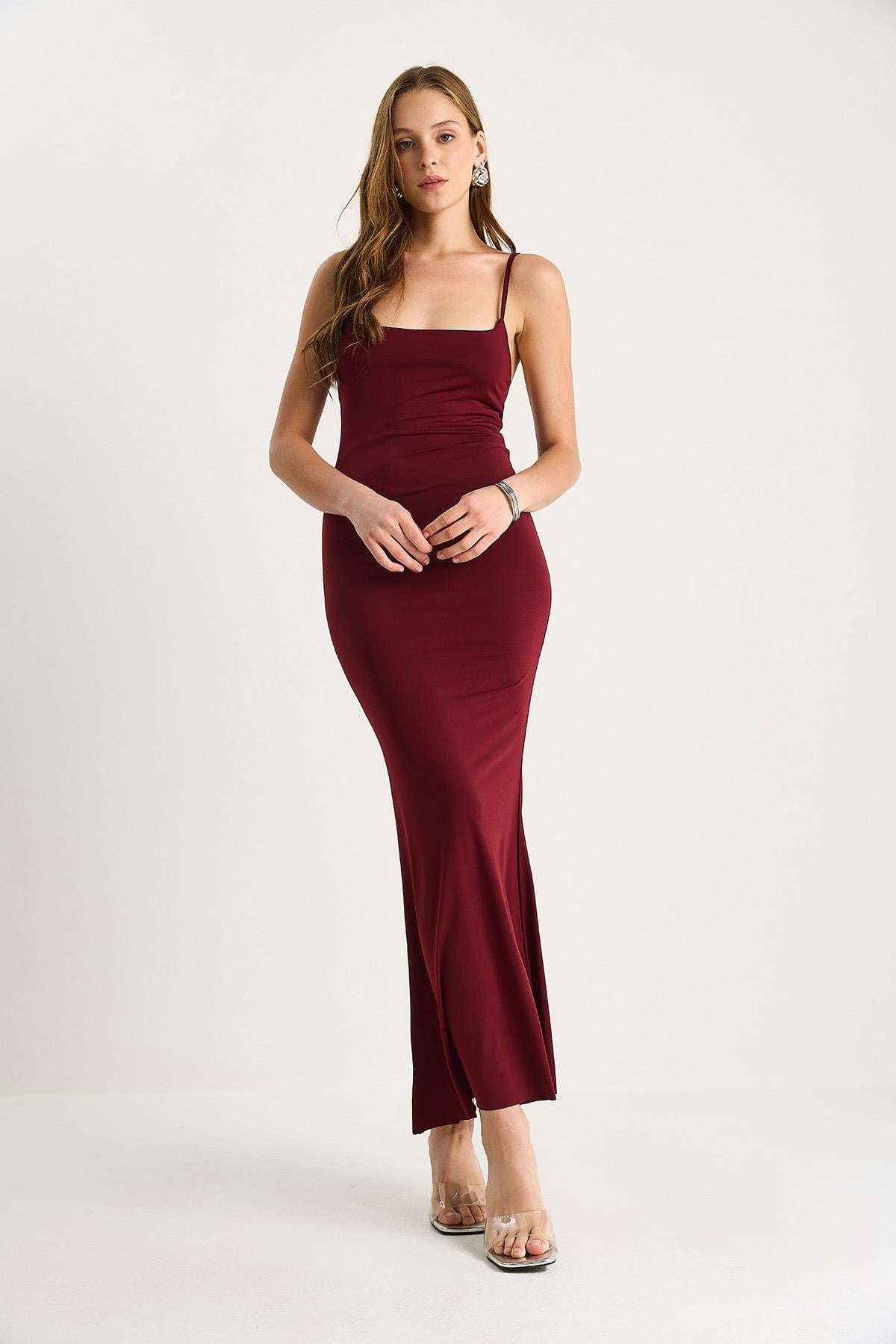 Kadın Midi Boy İnce Askılı Likralı 283 Elbise 60251428 - Bordo ELBİSE modelleri