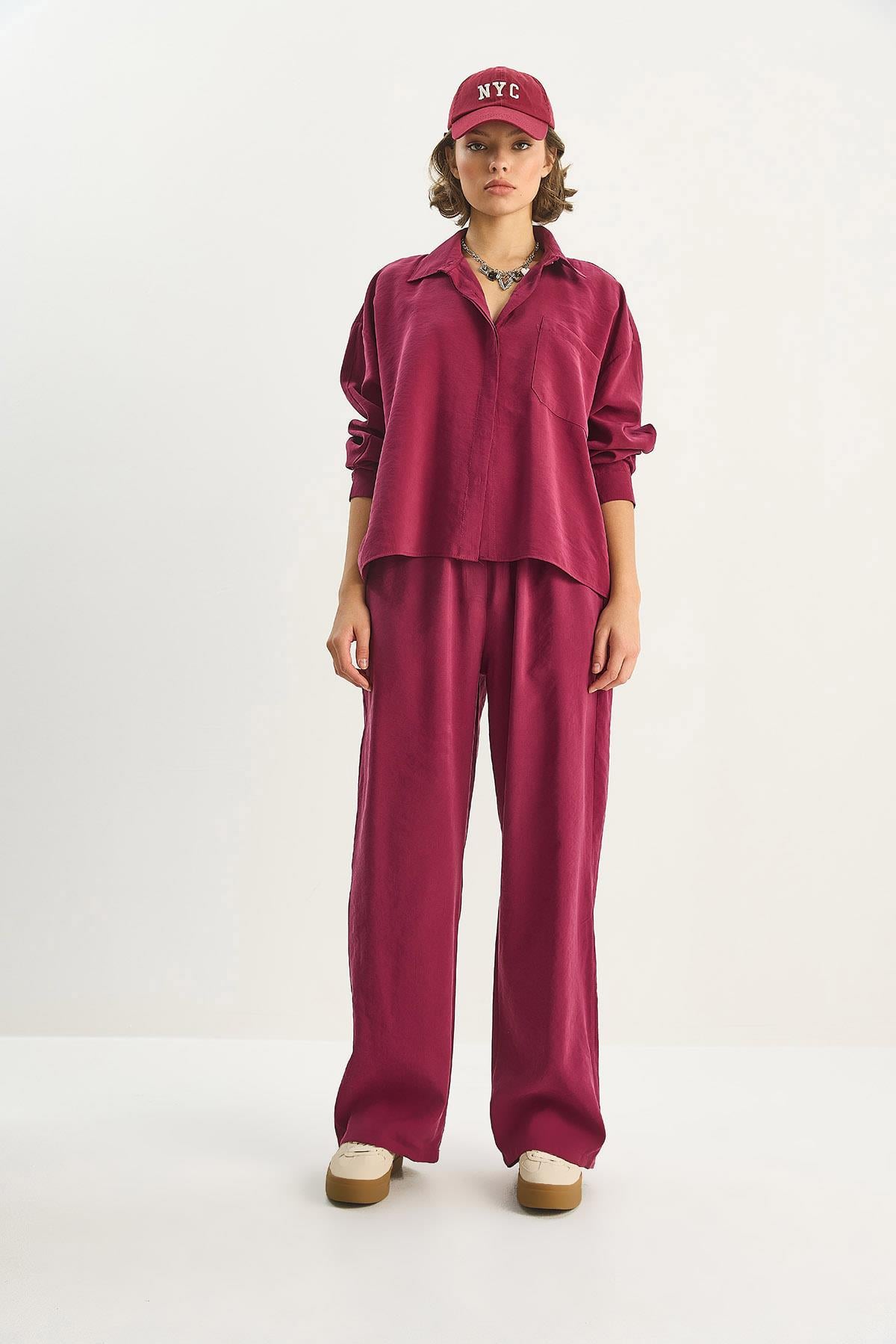 Kadın Modal Tek Cepli Oversize Gömlek Yüksek Bel Bol Pantolon Takım 210 60283673 - Bordo ALT - ÜST TAKIM modelleri