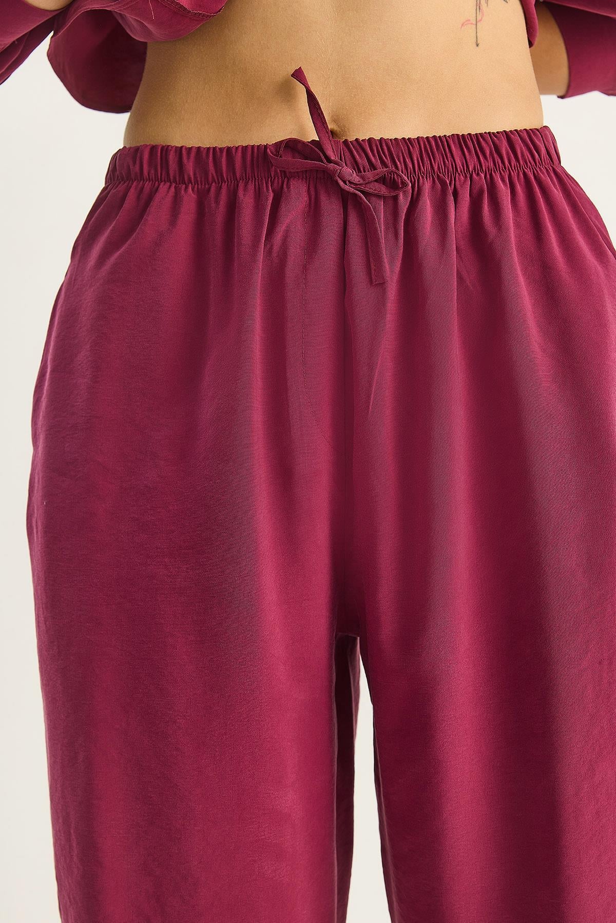Kadın Modal Tek Cepli Oversize Gömlek Yüksek Bel Bol Pantolon Takım 210 60283673 - Bordo ALT - ÜST TAKIM modelleri