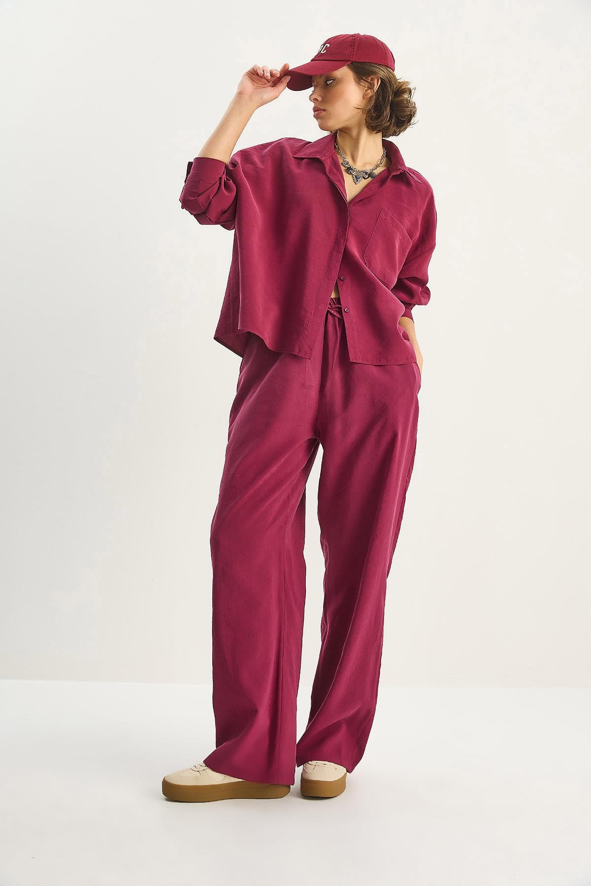 Kadın Modal Tek Cepli Oversize Gömlek Yüksek Bel Bol Pantolon Takım 210 60283673 - Bordo ALT - ÜST TAKIM modelleri