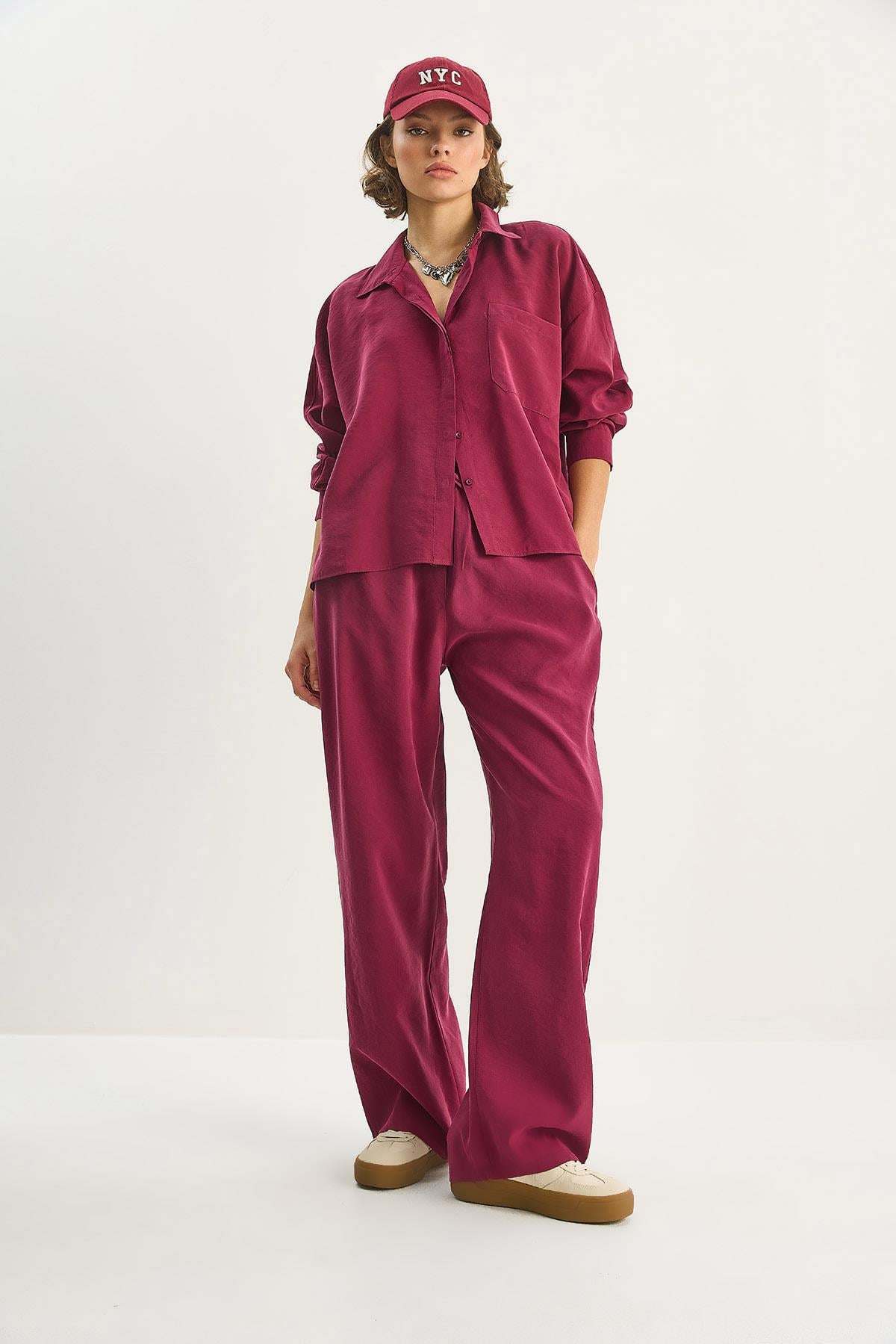 Kadın Modal Tek Cepli Oversize Gömlek Yüksek Bel Bol Pantolon Takım 210 60283673 - Bordo ALT - ÜST TAKIM modelleri