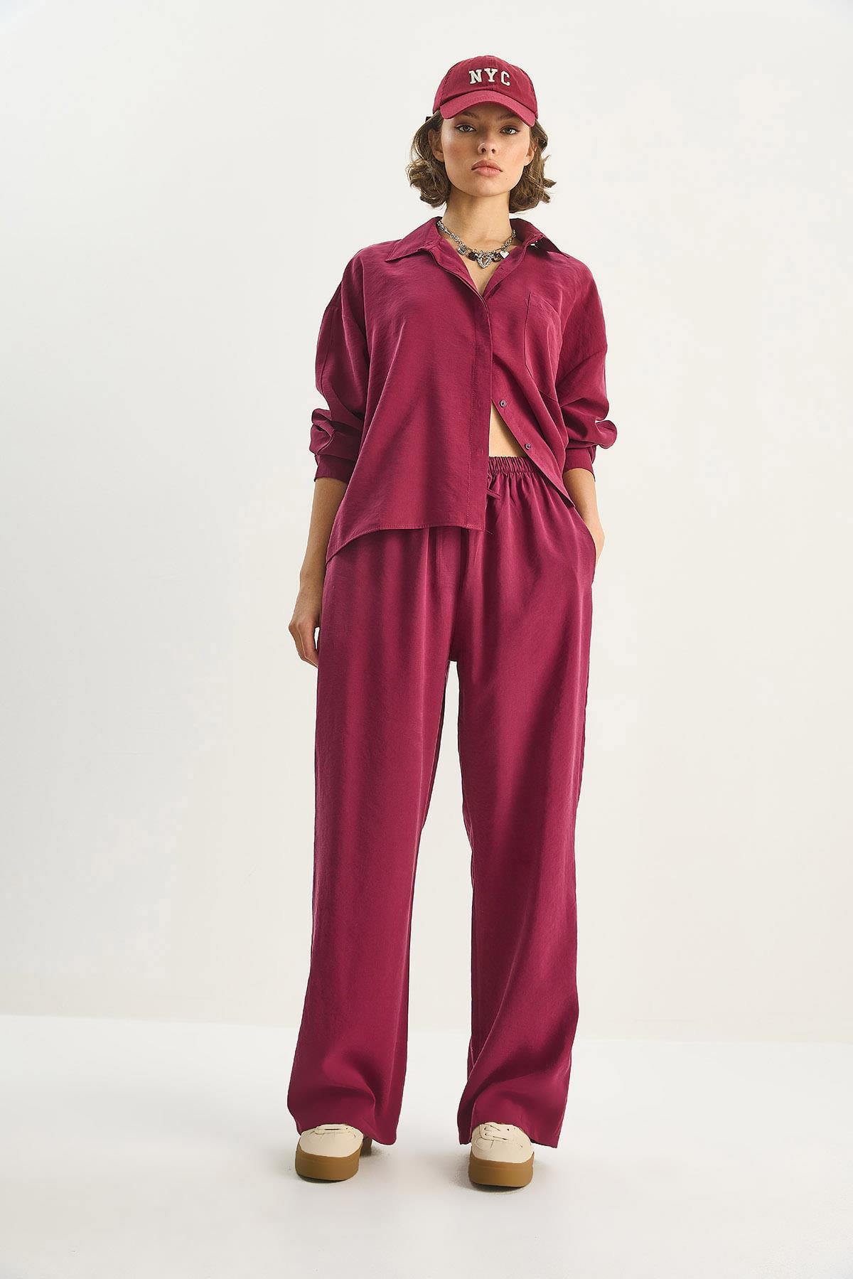 Kadın Modal Tek Cepli Oversize Gömlek Yüksek Bel Bol Pantolon Takım 210 60283673 - Bordo ALT - ÜST TAKIM modelleri