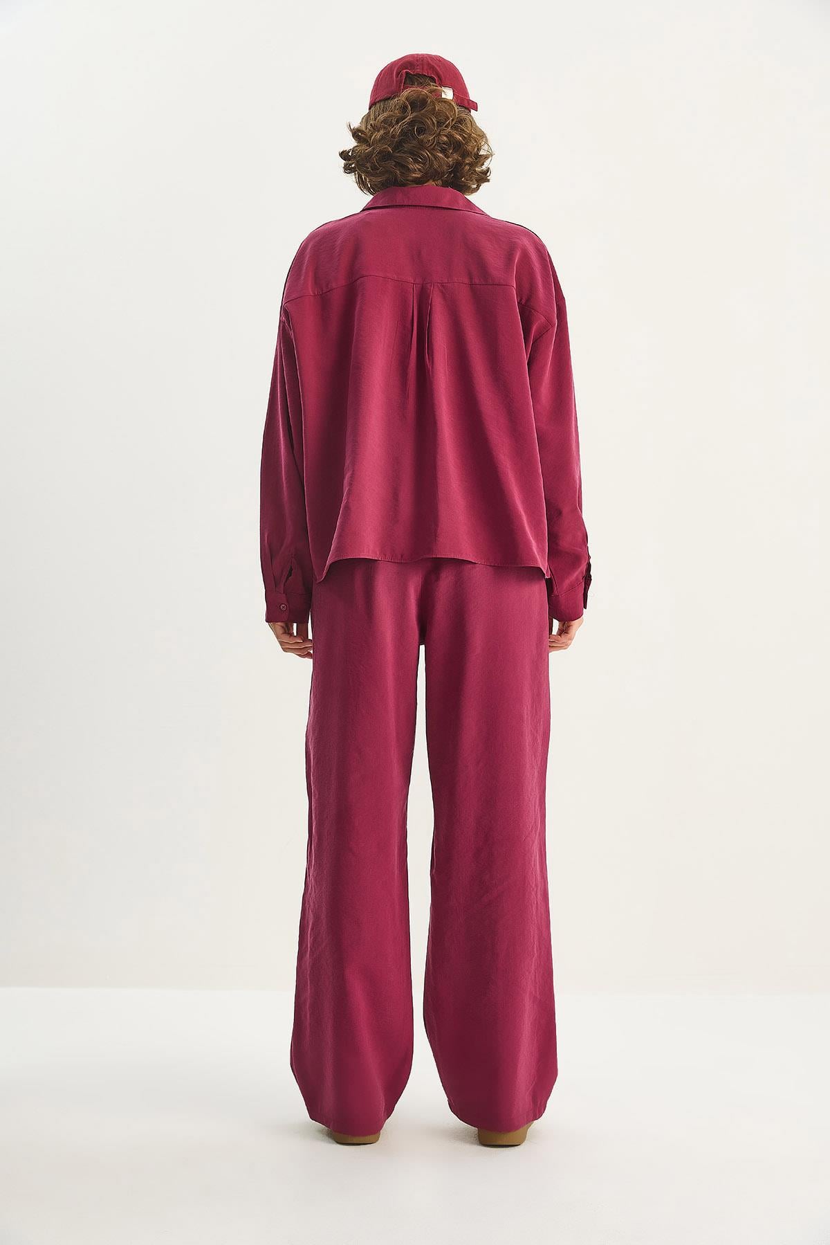 Kadın Modal Tek Cepli Oversize Gömlek Yüksek Bel Bol Pantolon Takım 210 60283673 - Bordo ALT - ÜST TAKIM modelleri