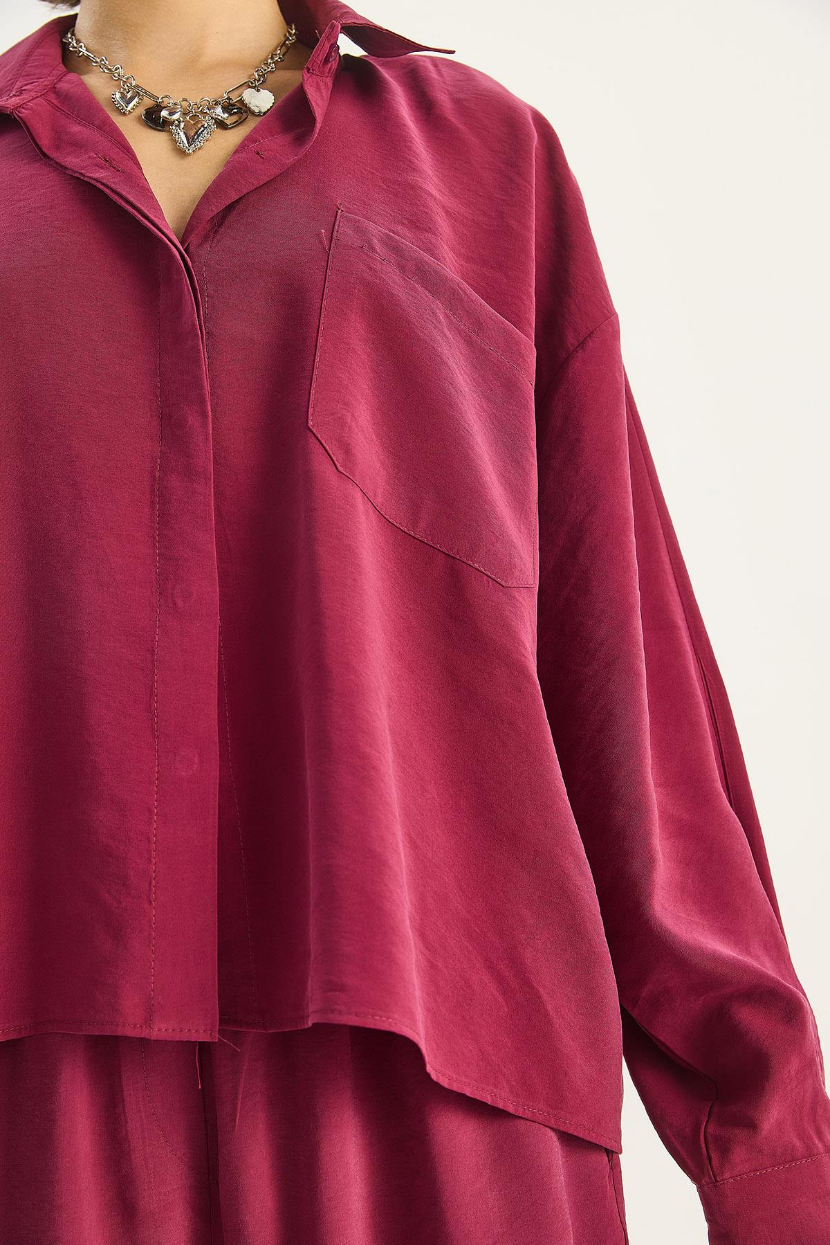 Kadın Modal Tek Cepli Oversize Gömlek Yüksek Bel Bol Pantolon Takım 210 60283673 - Bordo ALT - ÜST TAKIM modelleri