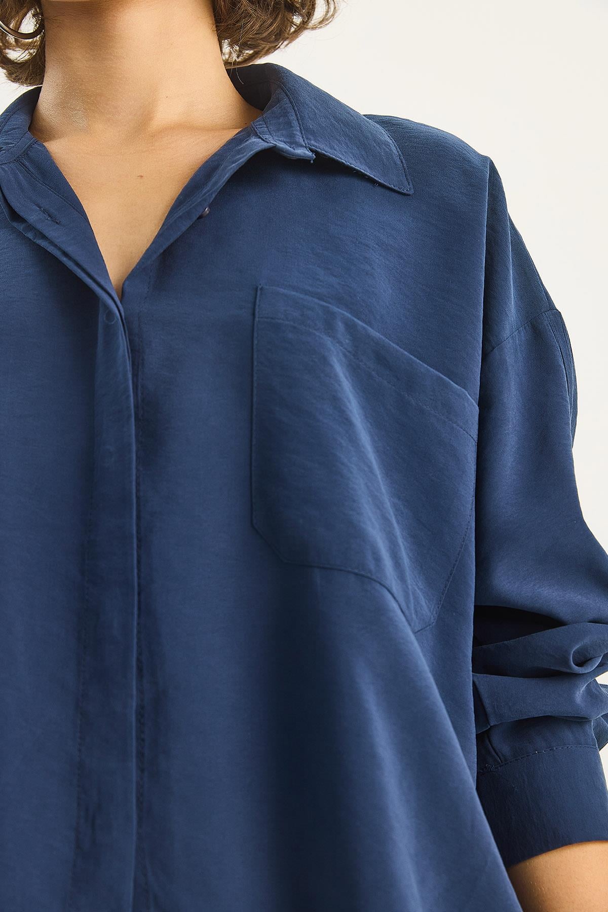 Kadın Modal Tek Cepli Oversize Gömlek Yüksek Bel Bol Pantolon Takım 210 60283673 - Lacivert ALT - ÜST TAKIM modelleri