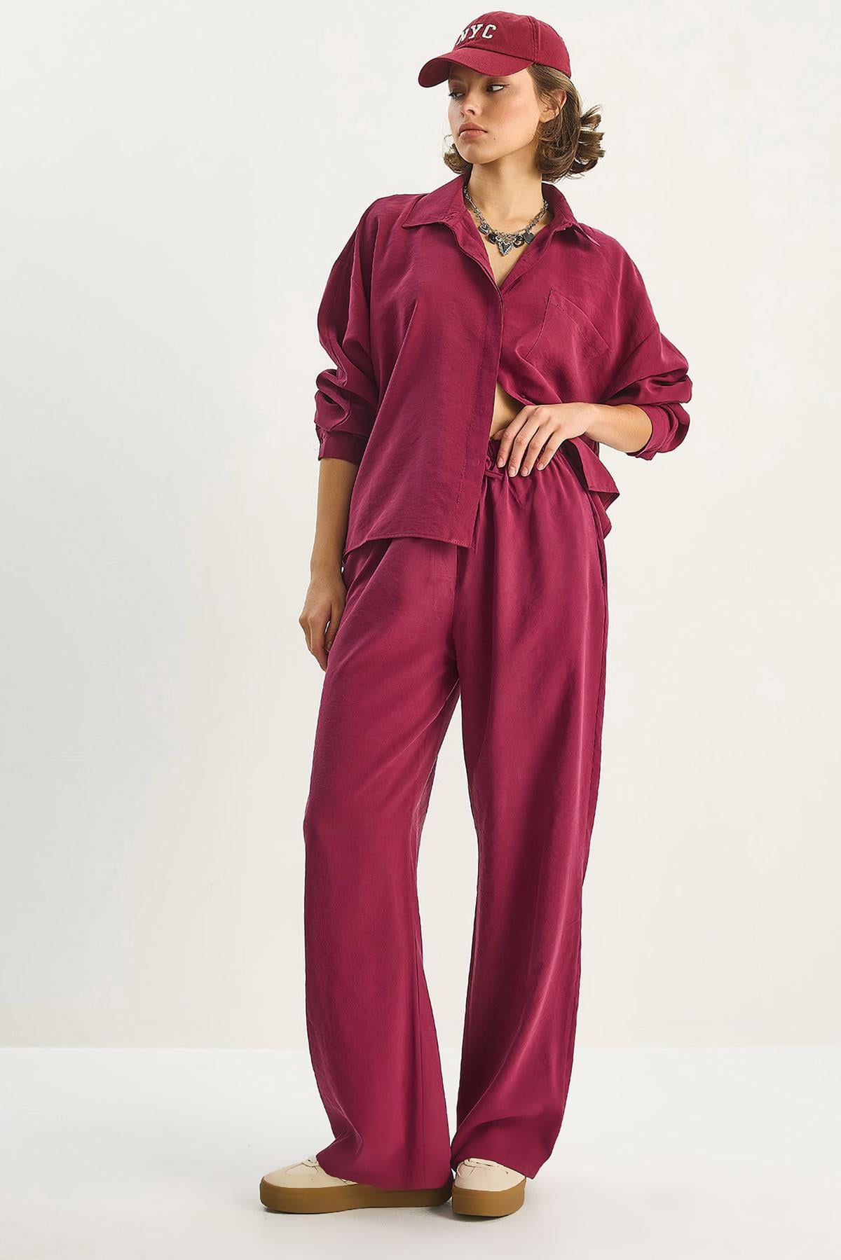Kadın Modal Tek Cepli Oversize Gömlek Yüksek Bel Bol Pantolon Takım 210 60283673 - Bordo ALT - ÜST TAKIM modelleri
