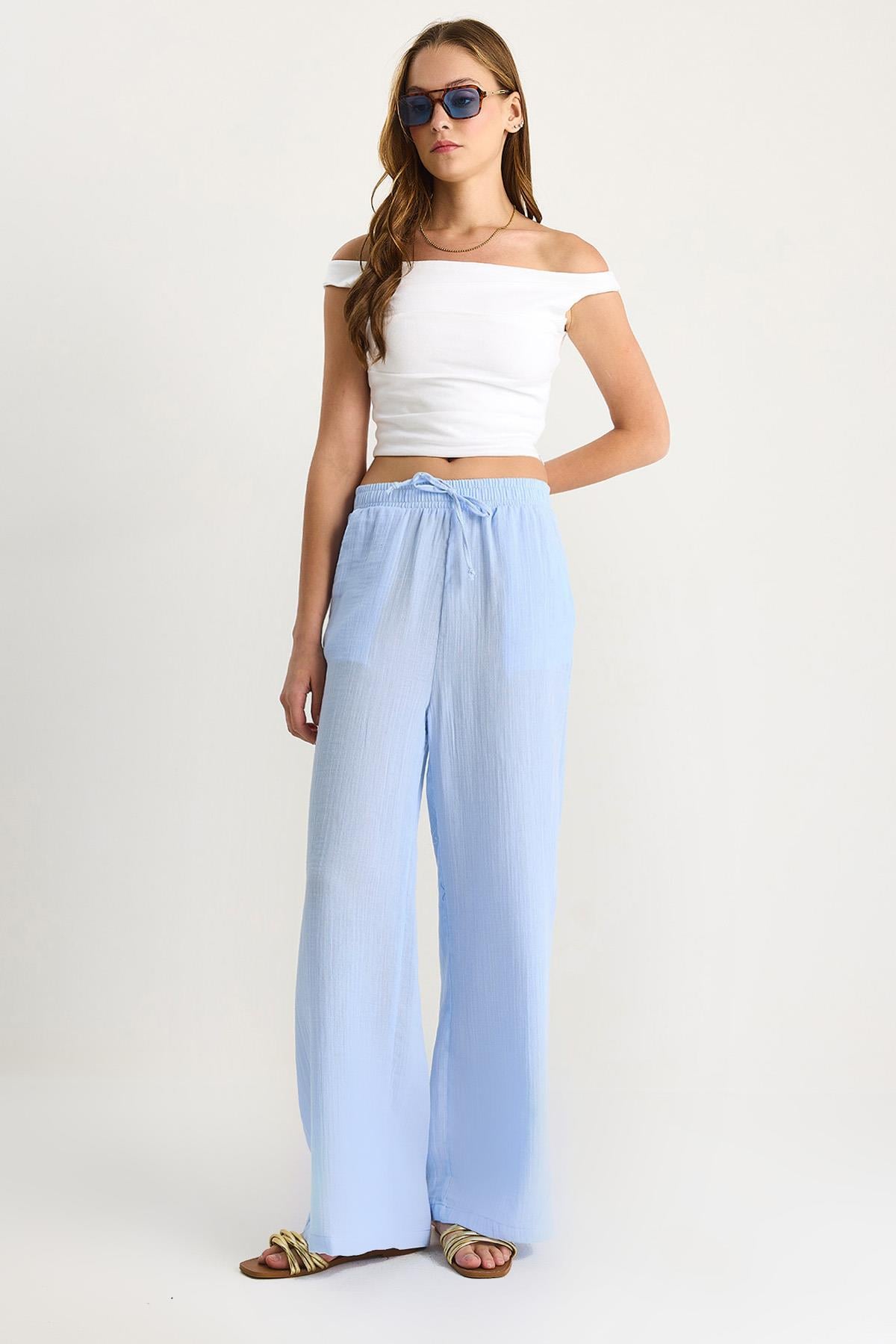 Kadın Müslin Palazzo Pantolon 60282020 - Bebe Mavisi