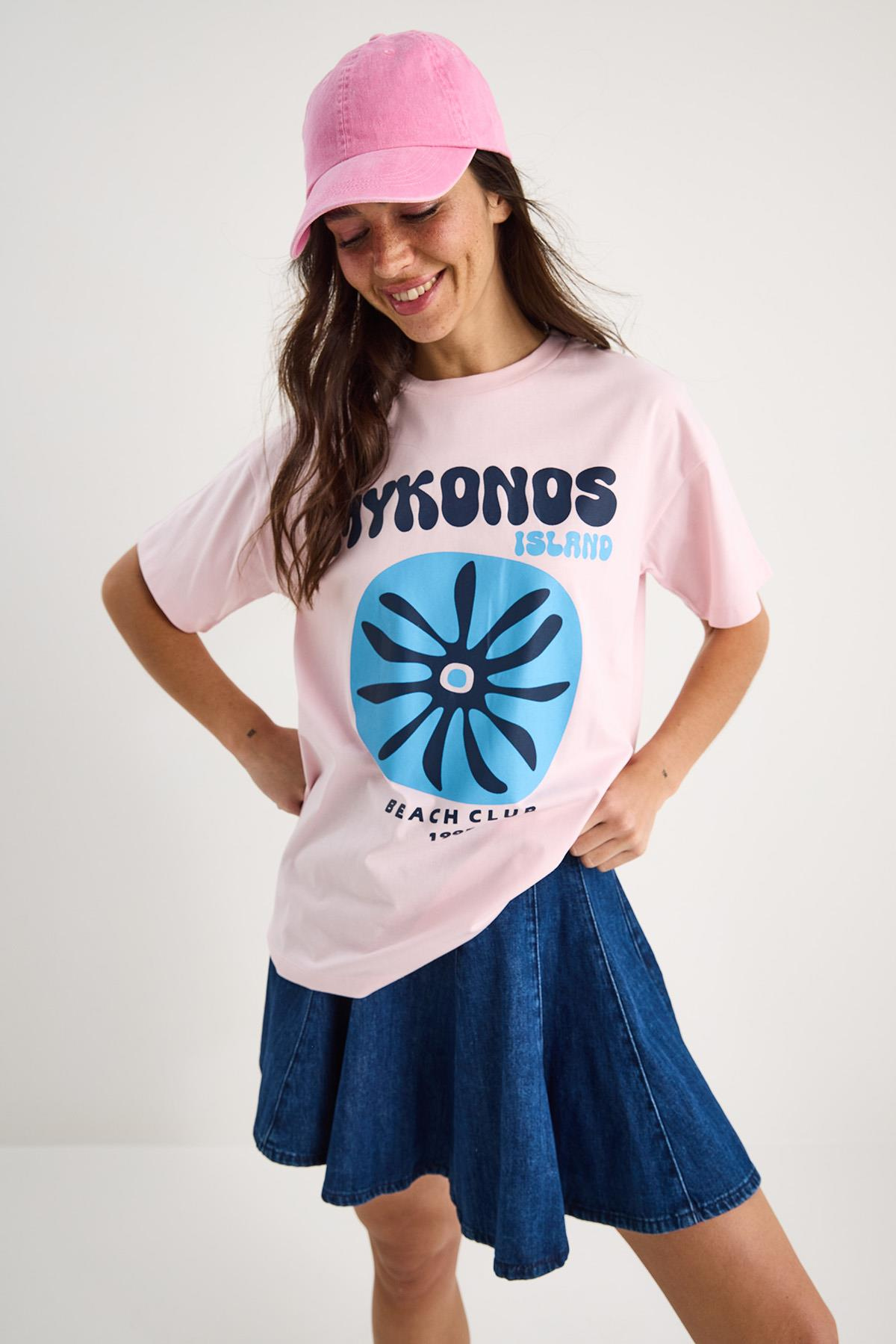 Kadın Mykonos Baskılı Oversize Pamuklu T-Shirt 5446 60283290 - Pudra