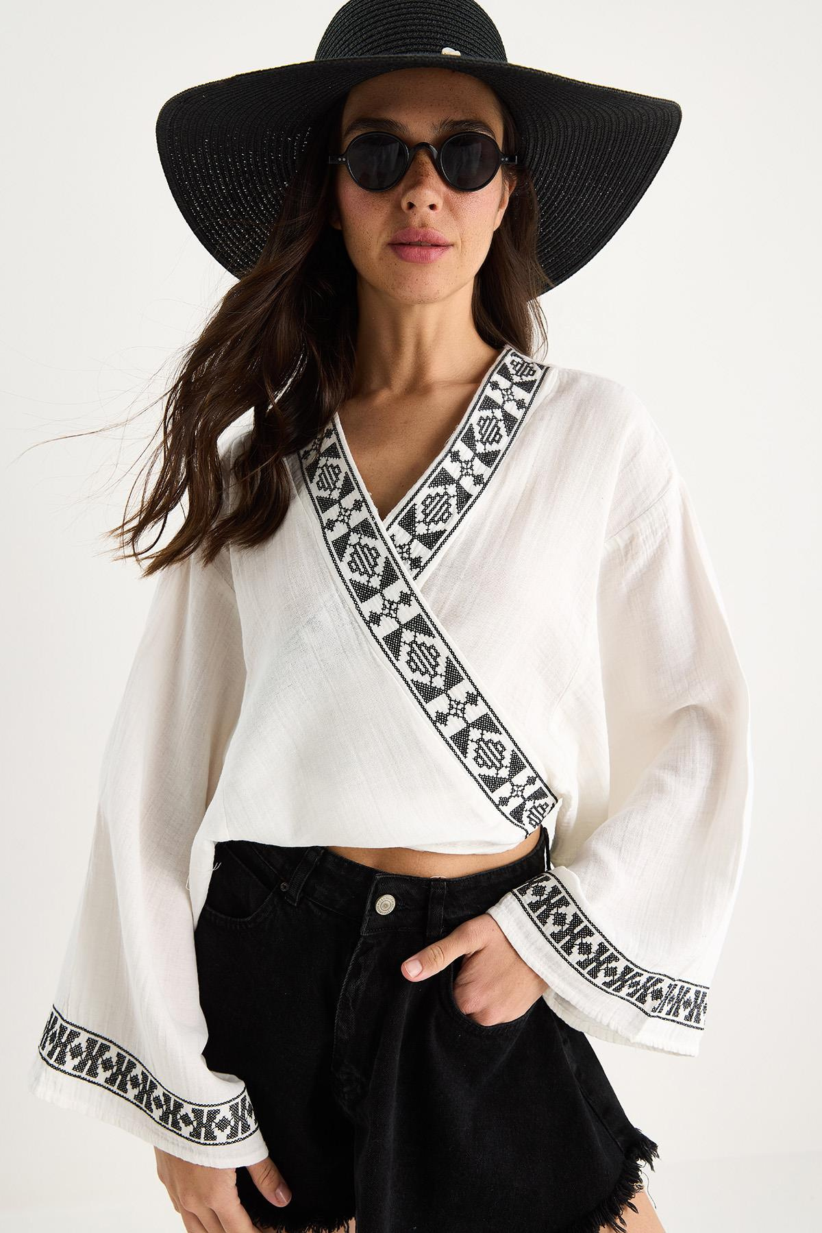 Kadın Nakış İşlemeli Bağlama Detaylı Geniş Kollu Müslin Kimono Bluz 7014 60283386 - Beyaz