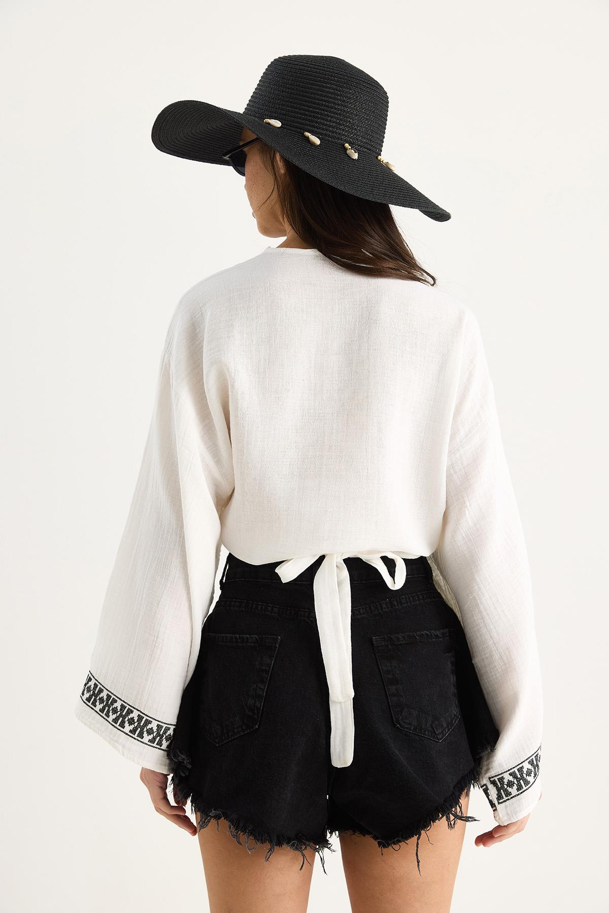Kadın Nakış İşlemeli Bağlama Detaylı Geniş Kollu Müslin Kimono Bluz 7014 60283386 - Beyaz