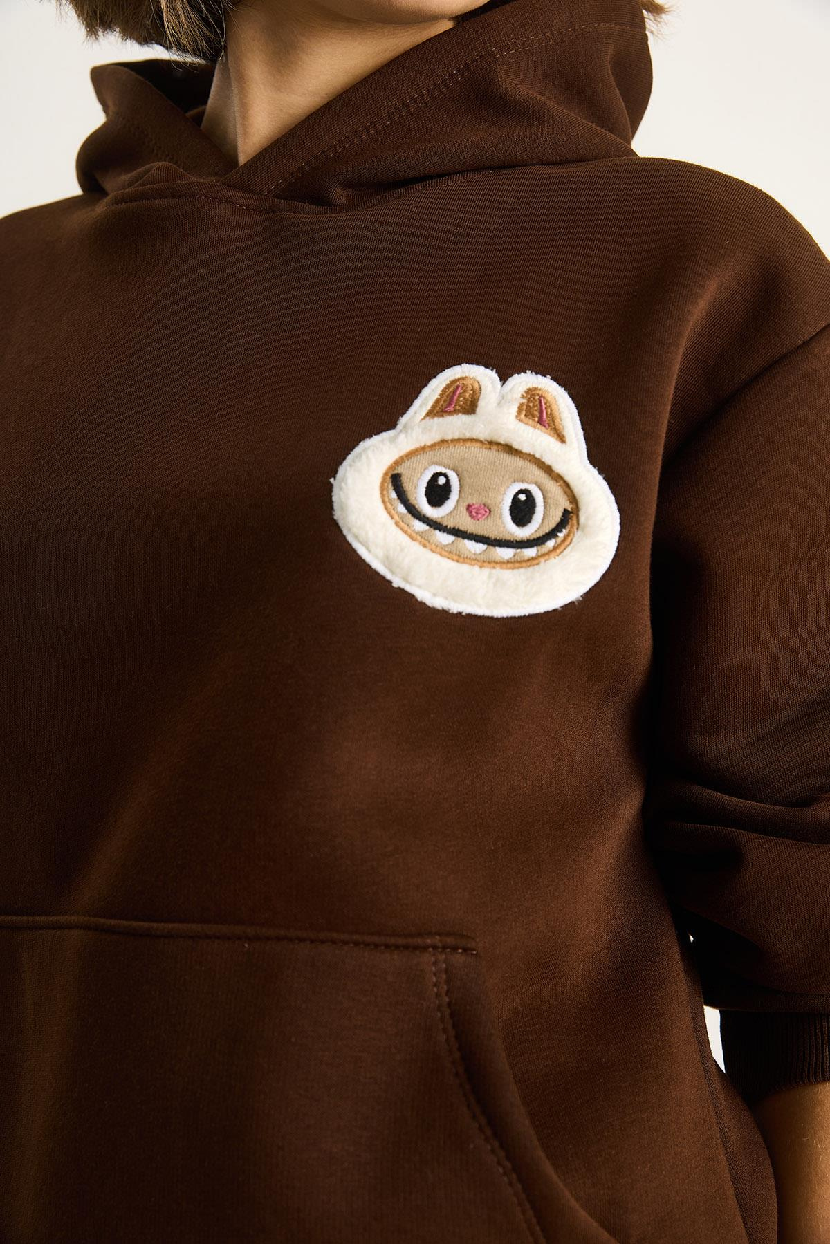 Kadın Nakış İşlemeli Kapüşonlu Kanguru Cepli Sweatshirt 6045 60284098 - Kahve SWEATSHİRT modelleri