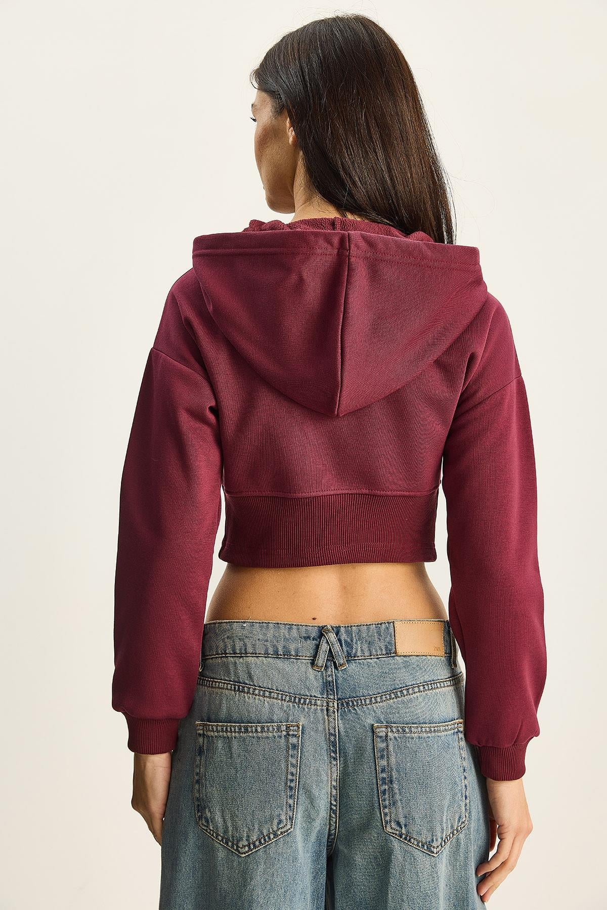 Kadın NYC Nakışlı Üç İplik Şardonlu Kapüşonlu Crop Hırka 6942 60283794 - Bordo HIRKA modelleri