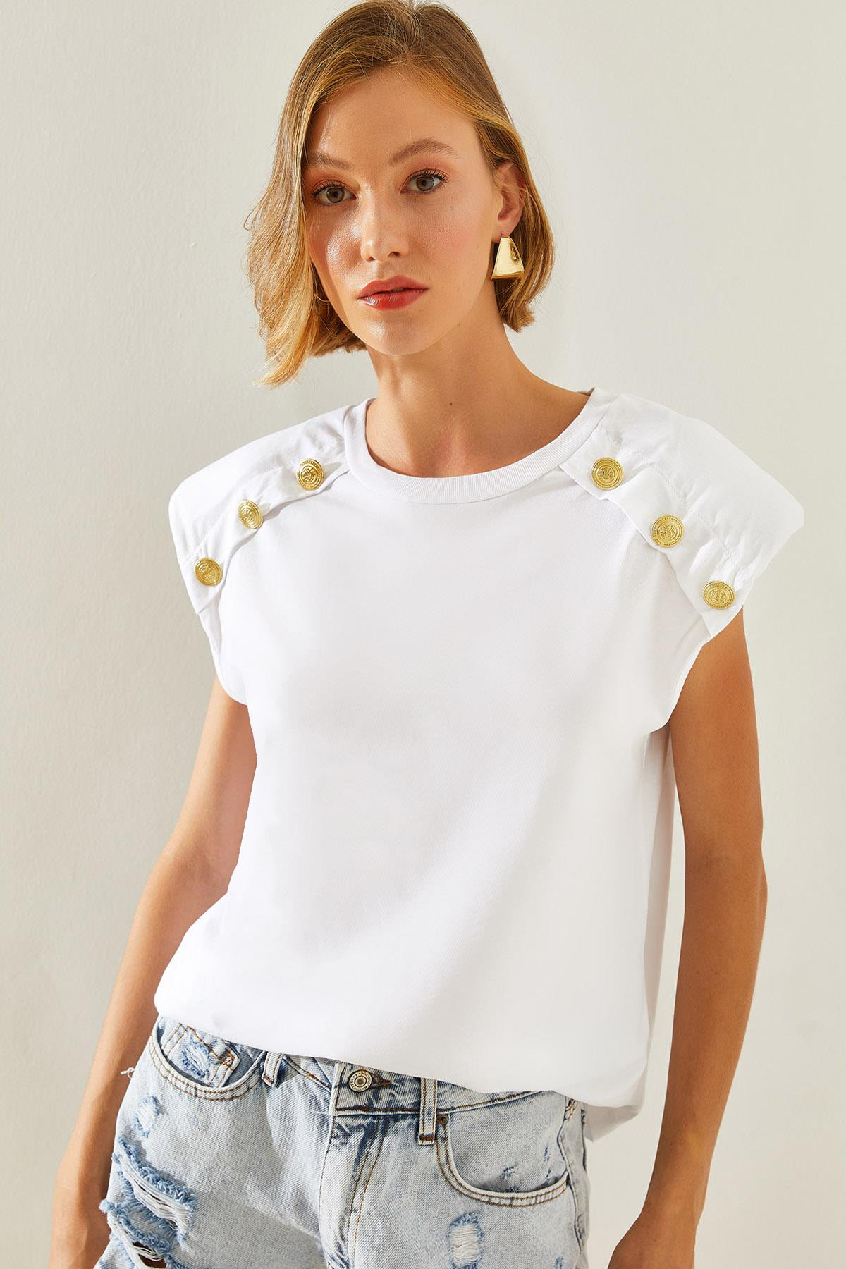 Kadın Omuz Taş Detaylı T-Shirt 60251447 - Beyaz T-SHİRT modelleri