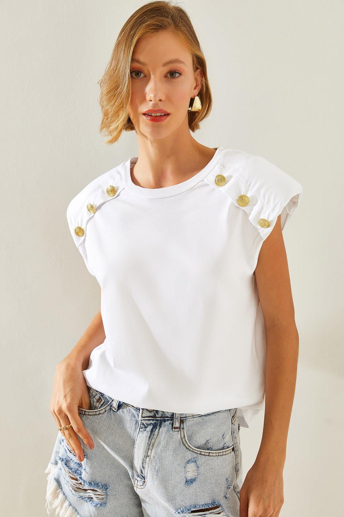 Kadın Omuz Taş Detaylı T-Shirt 60251447 - Beyaz T-SHİRT modelleri
