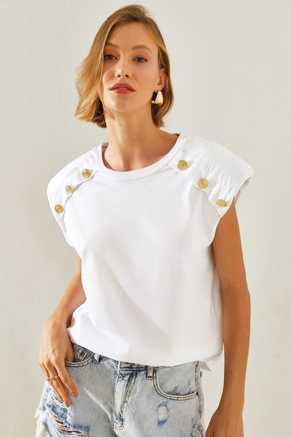 Kadın Omuz Taş Detaylı T-Shirt 60251447 - Beyaz T-SHİRT modelleri