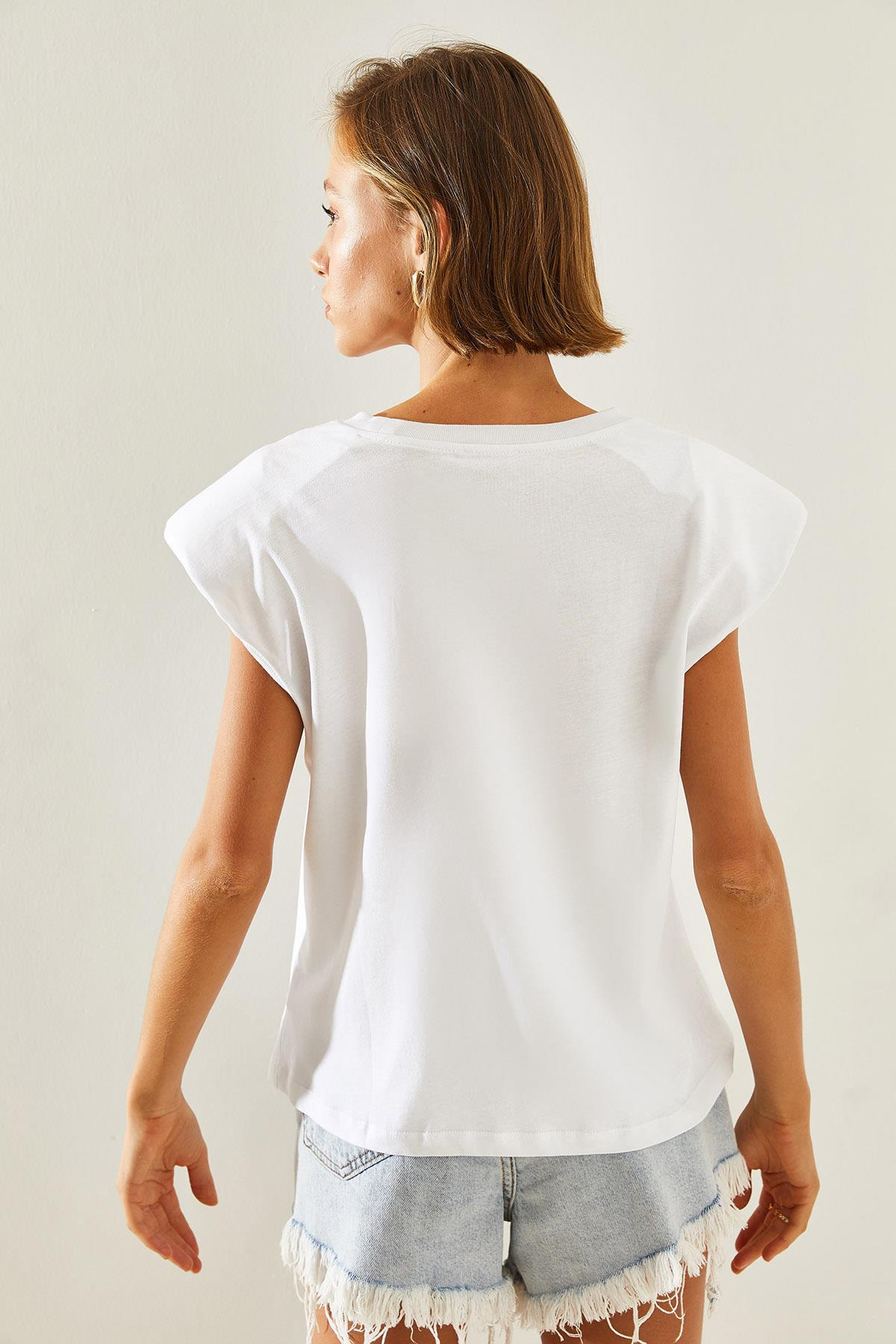 Kadın Omuz Taş Detaylı T-Shirt 60251447 - Beyaz T-SHİRT modelleri