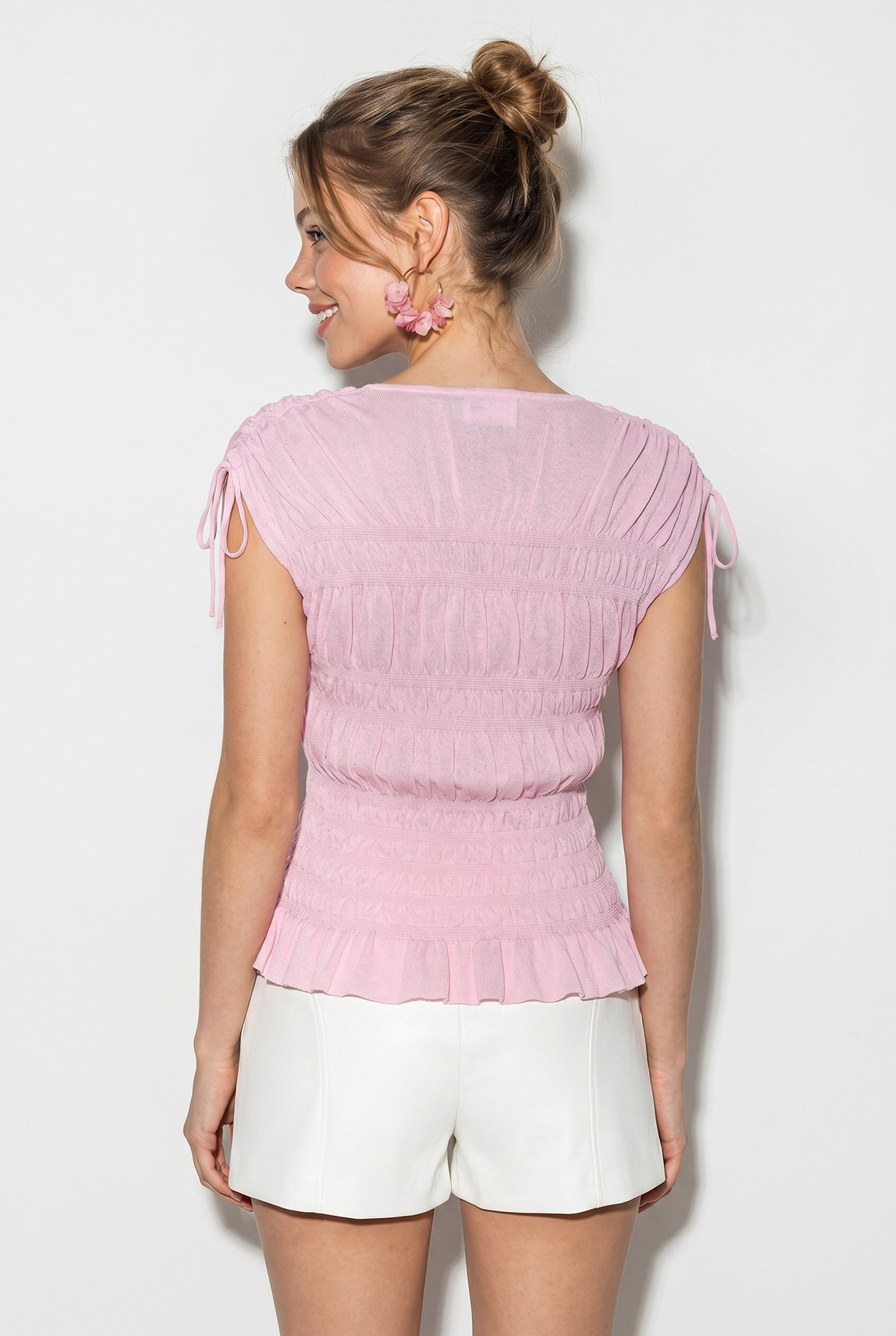 Kadın Omuzdan Bağlama Detaylı Büzgü İşlemeli Fit Kesim Triko Bluz 2743 60286377 - Pembe BLUZ modelleri