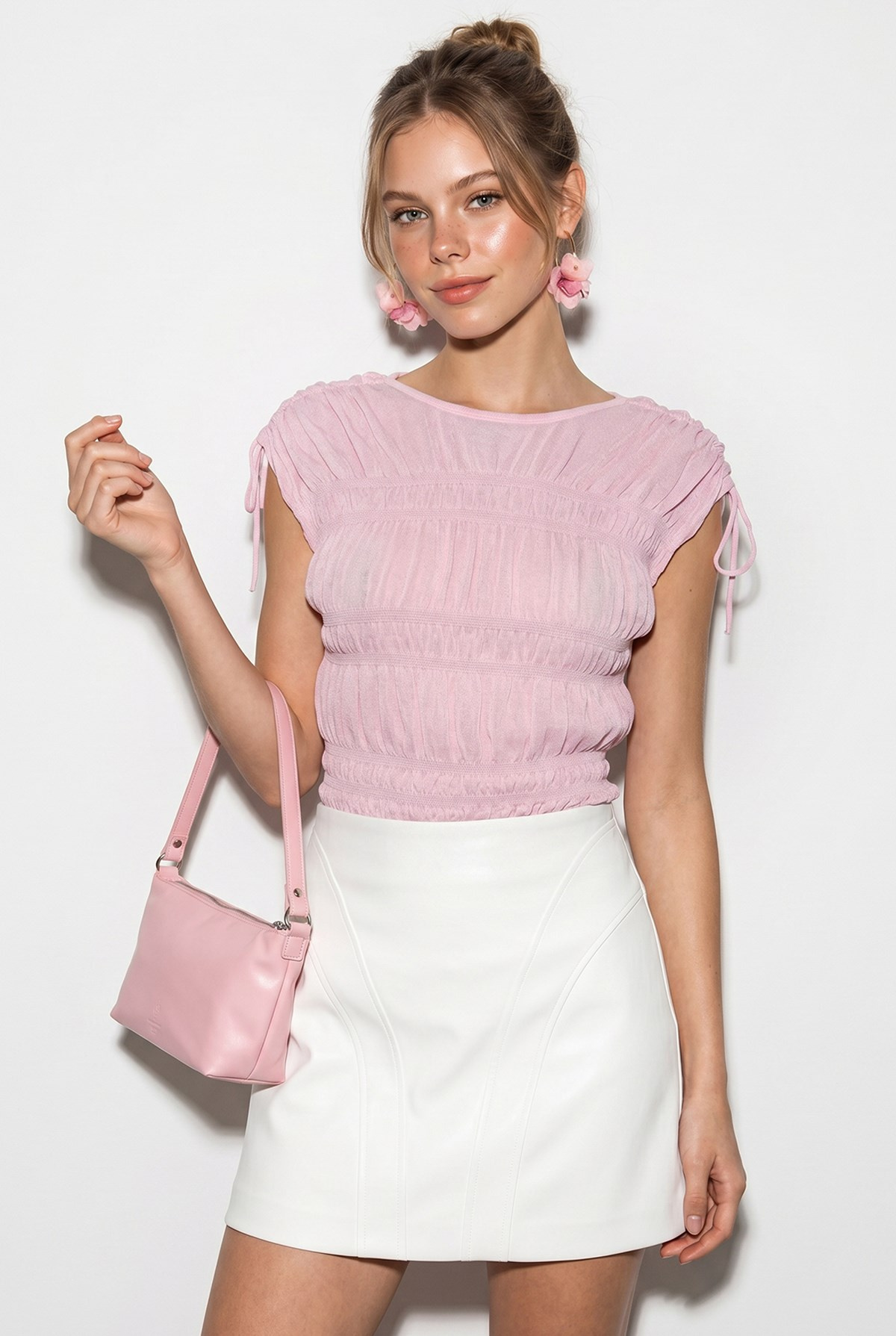 Kadın Omuzdan Bağlama Detaylı Büzgü İşlemeli Fit Kesim Triko Bluz 2743 60286377 - Pembe BLUZ modelleri