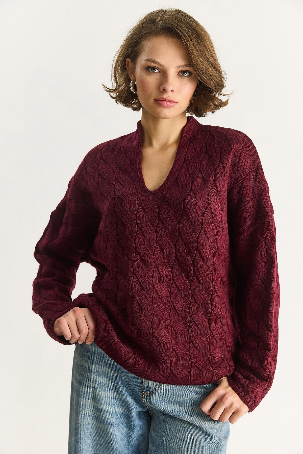 Kadın Oval Yaka Saç Örgü Oversize Triko Kazak TK241277 60284091 - Bordo KAZAK modelleri