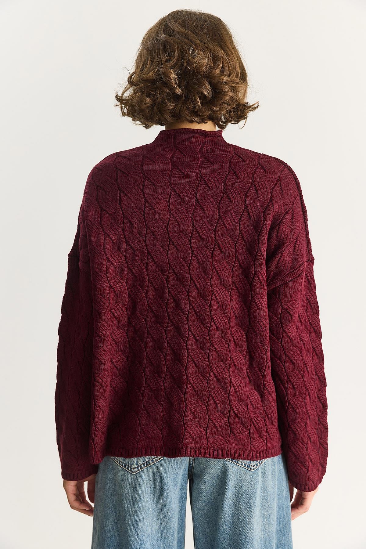 Kadın Oval Yaka Saç Örgü Oversize Triko Kazak TK241277 60284091 - Bordo KAZAK modelleri