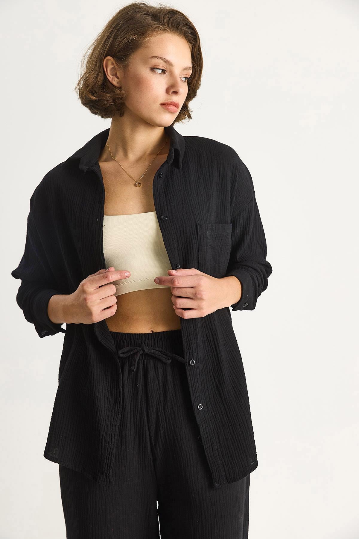 Kadın Oversize Basic Müslin Gömlek 60282021 - Siyah GÖMLEK modelleri