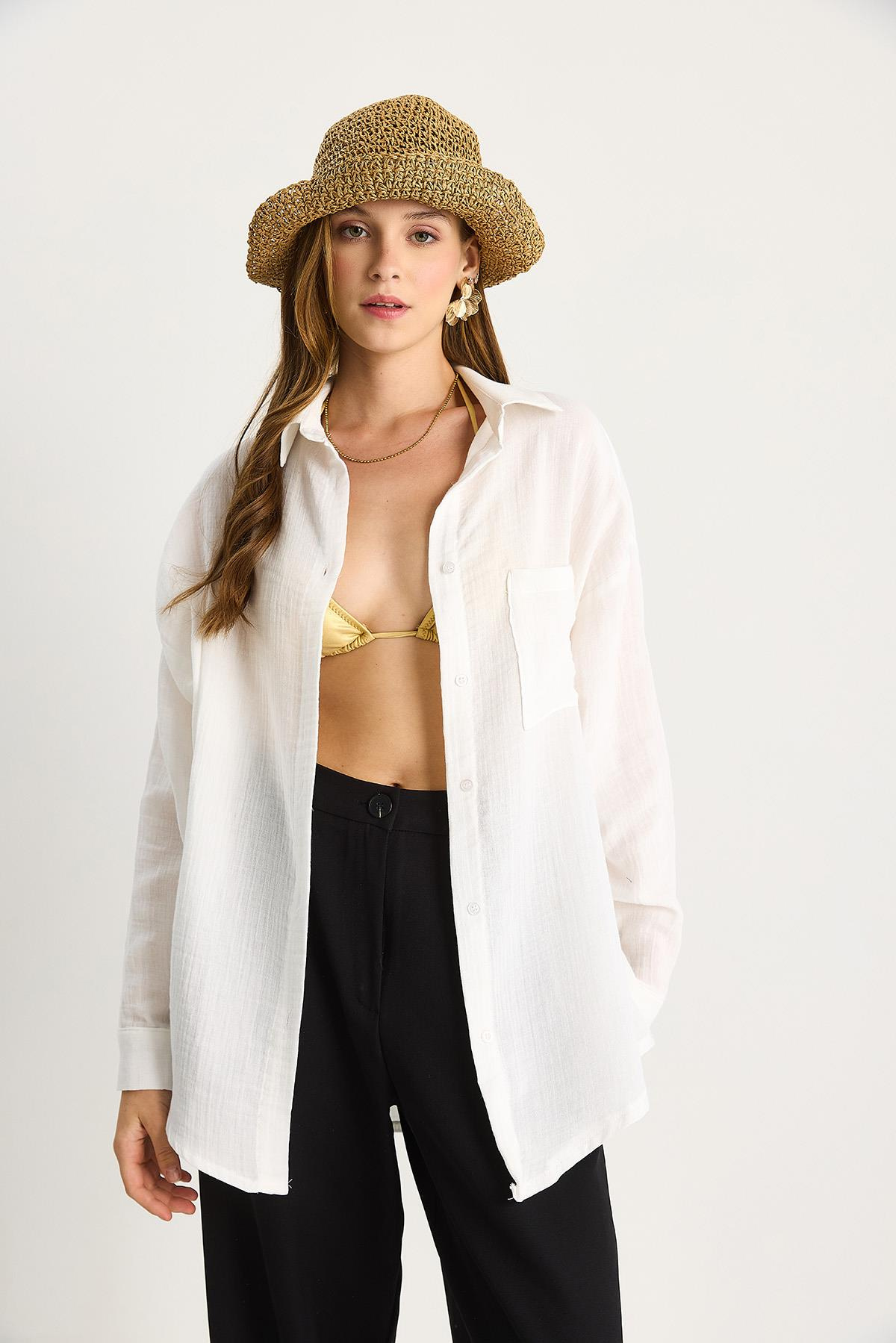 Kadın Oversize Basic Müslin Gömlek 60282021 - Beyaz