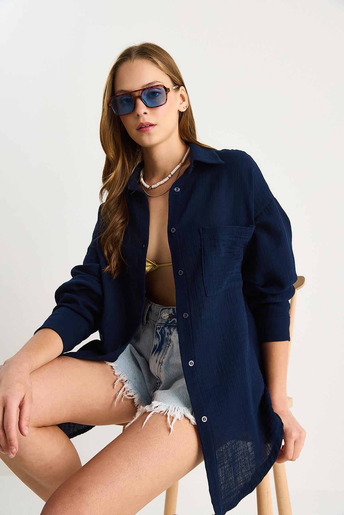 Kadın Oversize Basic Müslin Gömlek 60282021 - Lacivert