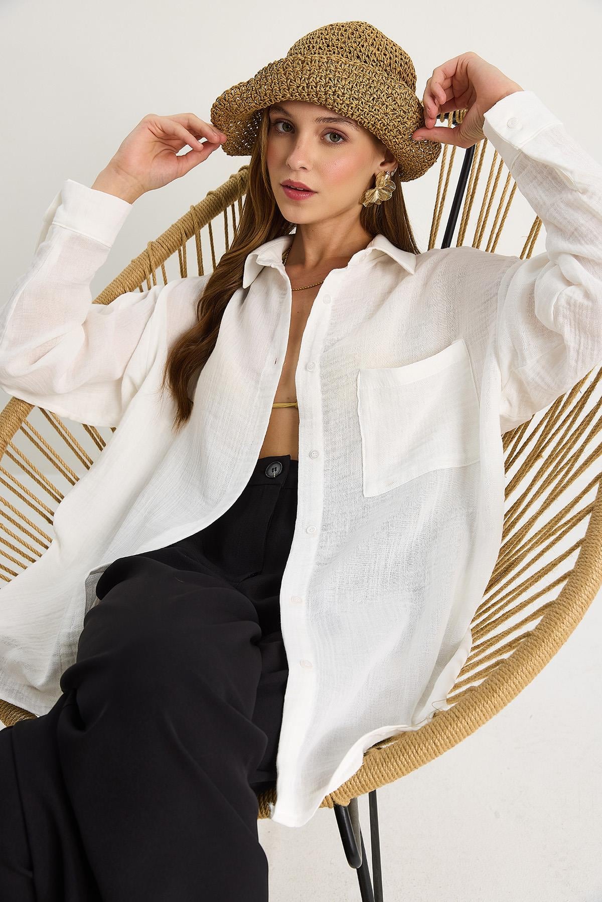 Kadın Oversize Basic Müslin Gömlek 60282021 - Beyaz