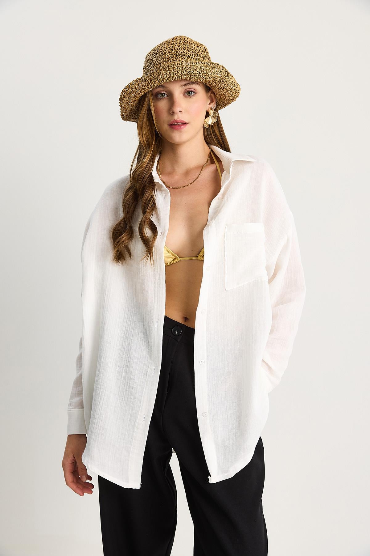 Kadın Oversize Basic Müslin Gömlek 60282021 - Beyaz