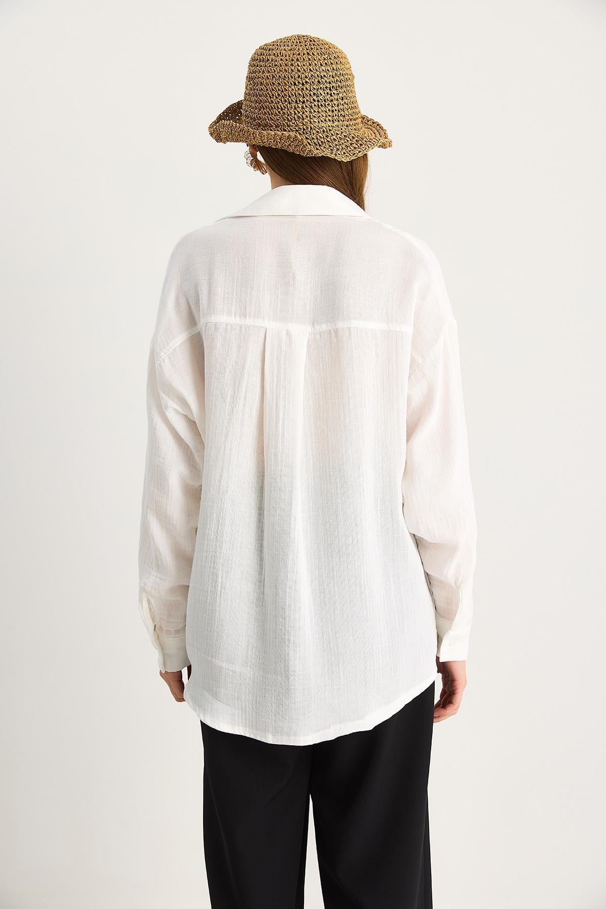 Kadın Oversize Basic Müslin Gömlek 60282021 - Beyaz