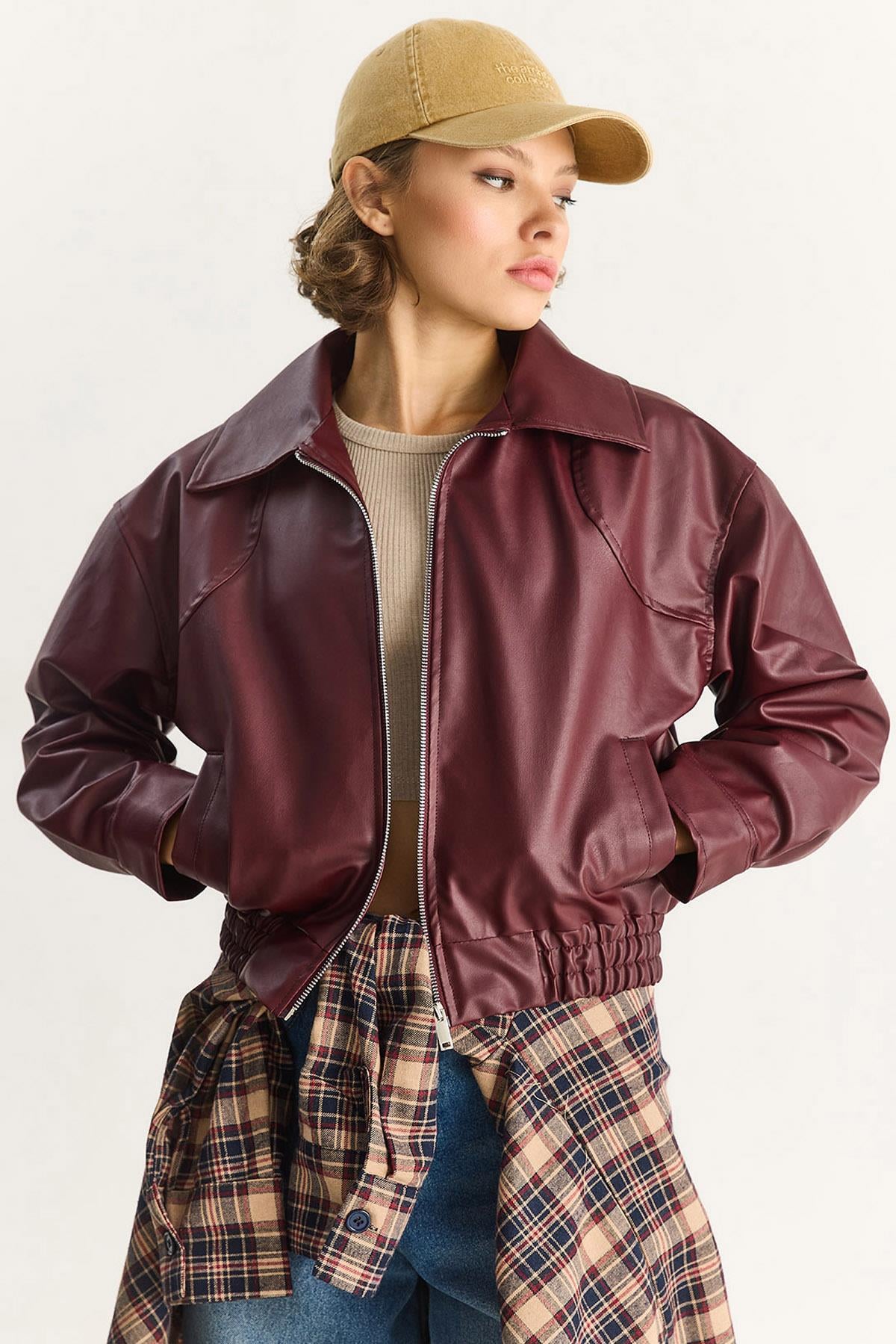 Kadın Oversize Belli Lastikli Suni Deri Bomber Ceket 3128 60283558 - Bordo CEKET modelleri