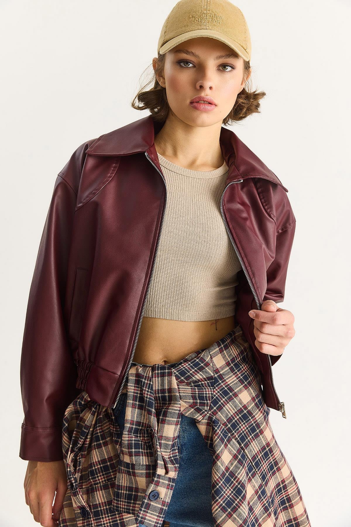 Kadın Oversize Belli Lastikli Suni Deri Bomber Ceket 3128 60283558 - Bordo CEKET modelleri