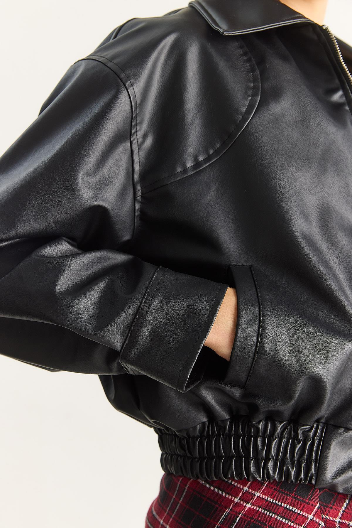 Kadın Oversize Belli Lastikli Suni Deri Bomber Ceket 3128 60283558 - Siyah CEKET modelleri