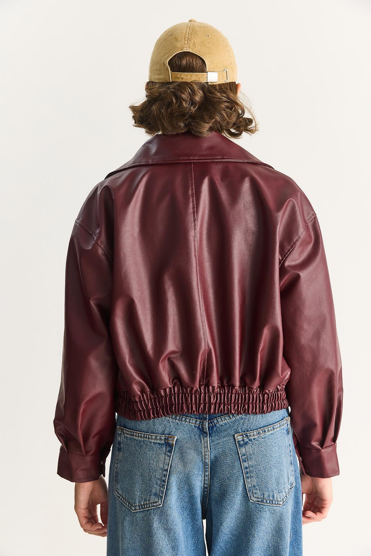 Kadın Oversize Belli Lastikli Suni Deri Bomber Ceket 3128 60283558 - Bordo CEKET modelleri