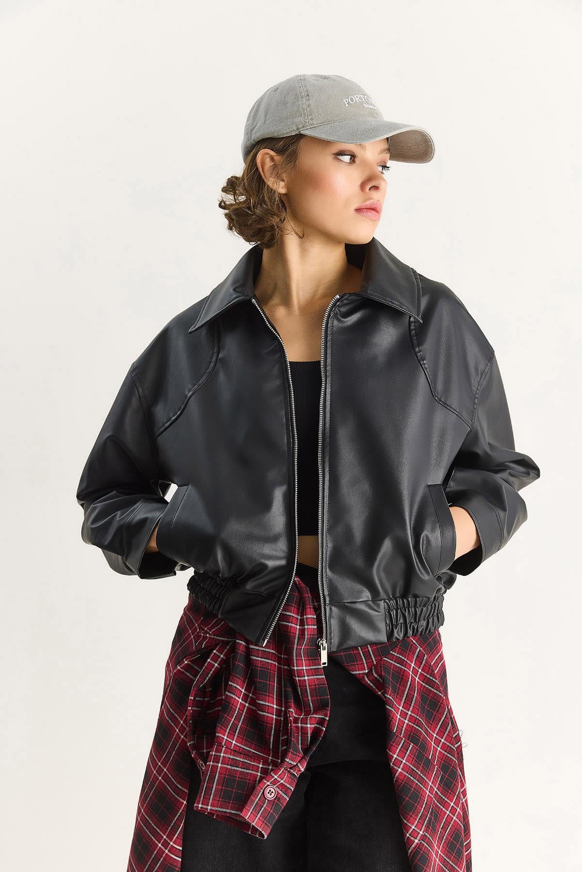 Kadın Oversize Belli Lastikli Suni Deri Bomber Ceket 3128 60283558 - Siyah CEKET modelleri