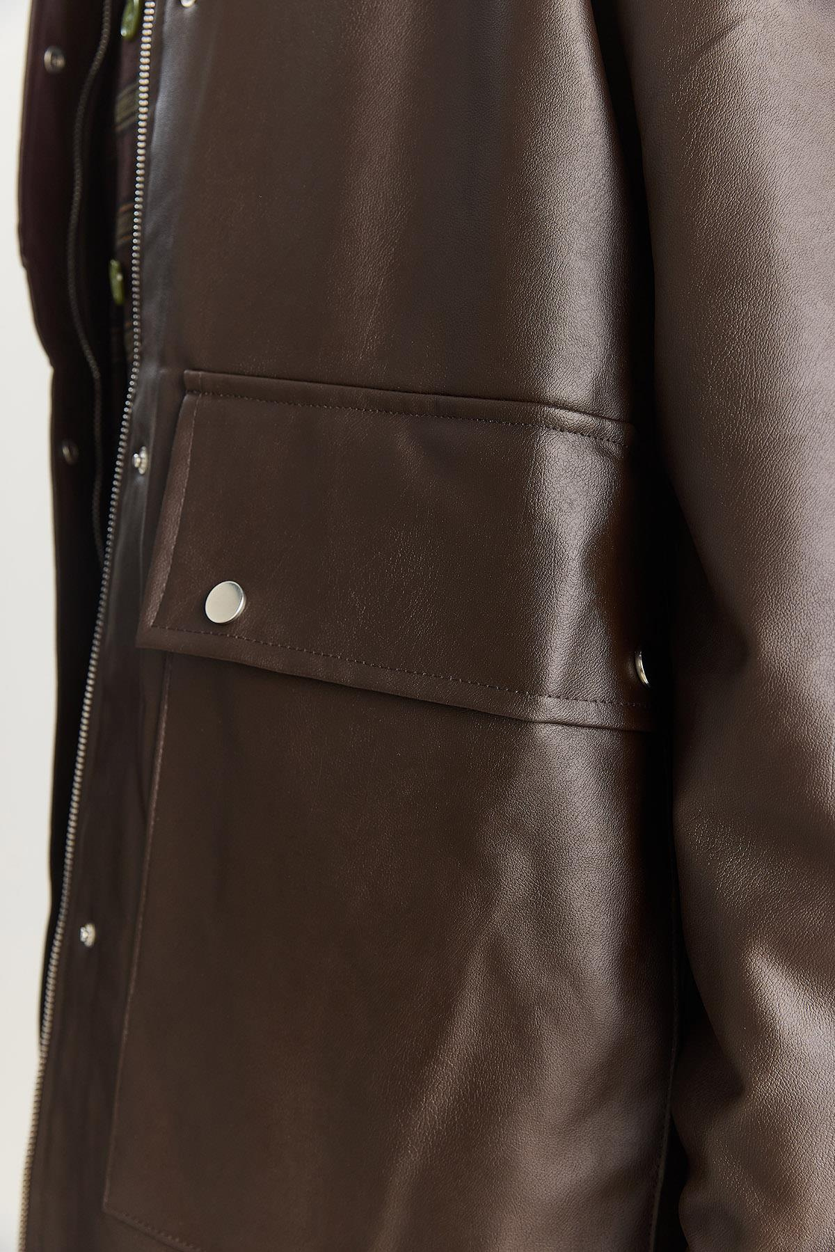 Kadın Oversize Fermuarlı Büyük Cep Detaylıb Astarlı Suni Deri Ceket 3130 60283559 - Acı Kahve CEKET modelleri