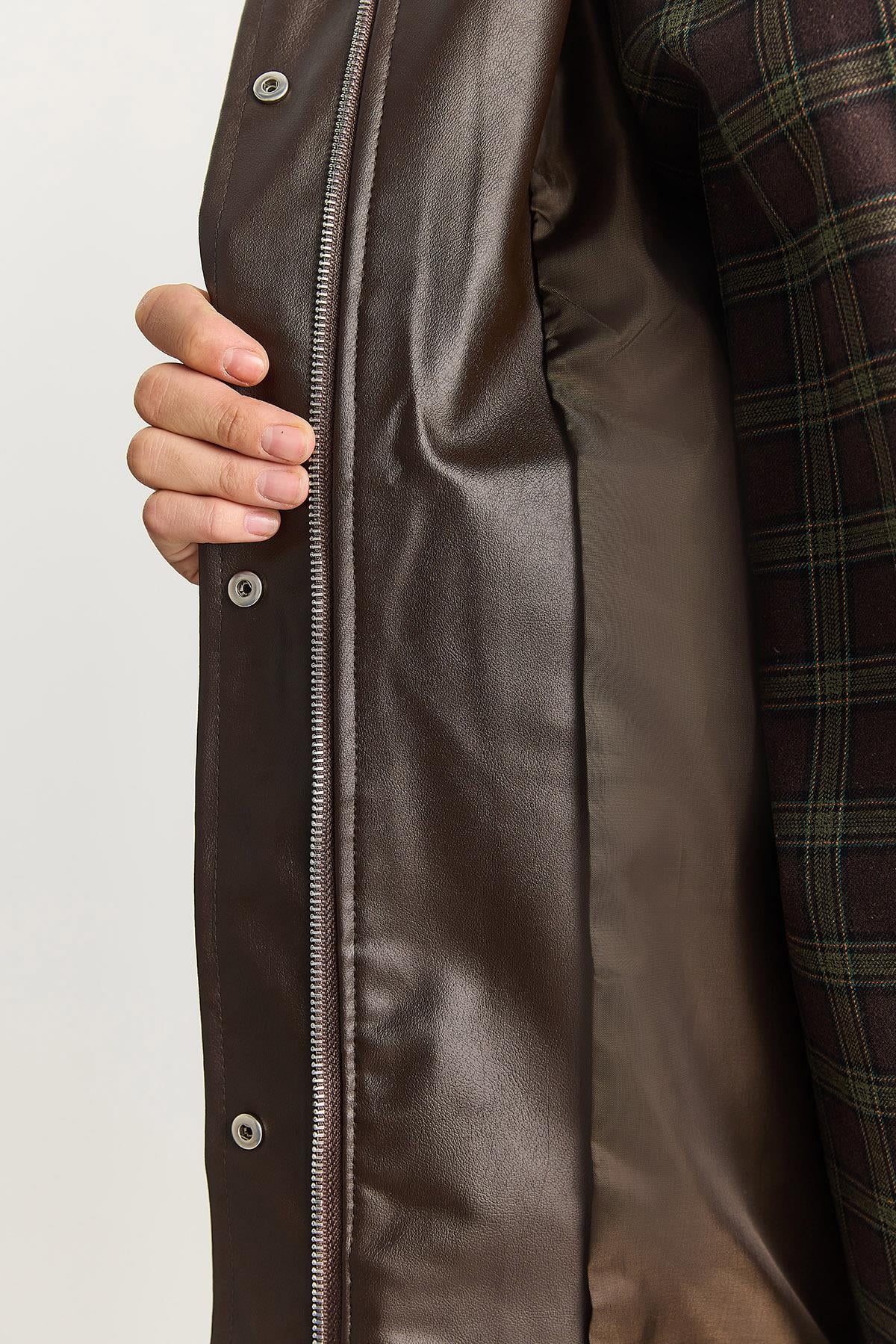 Kadın Oversize Fermuarlı Büyük Cep Detaylıb Astarlı Suni Deri Ceket 3130 60283559 - Acı Kahve CEKET modelleri
