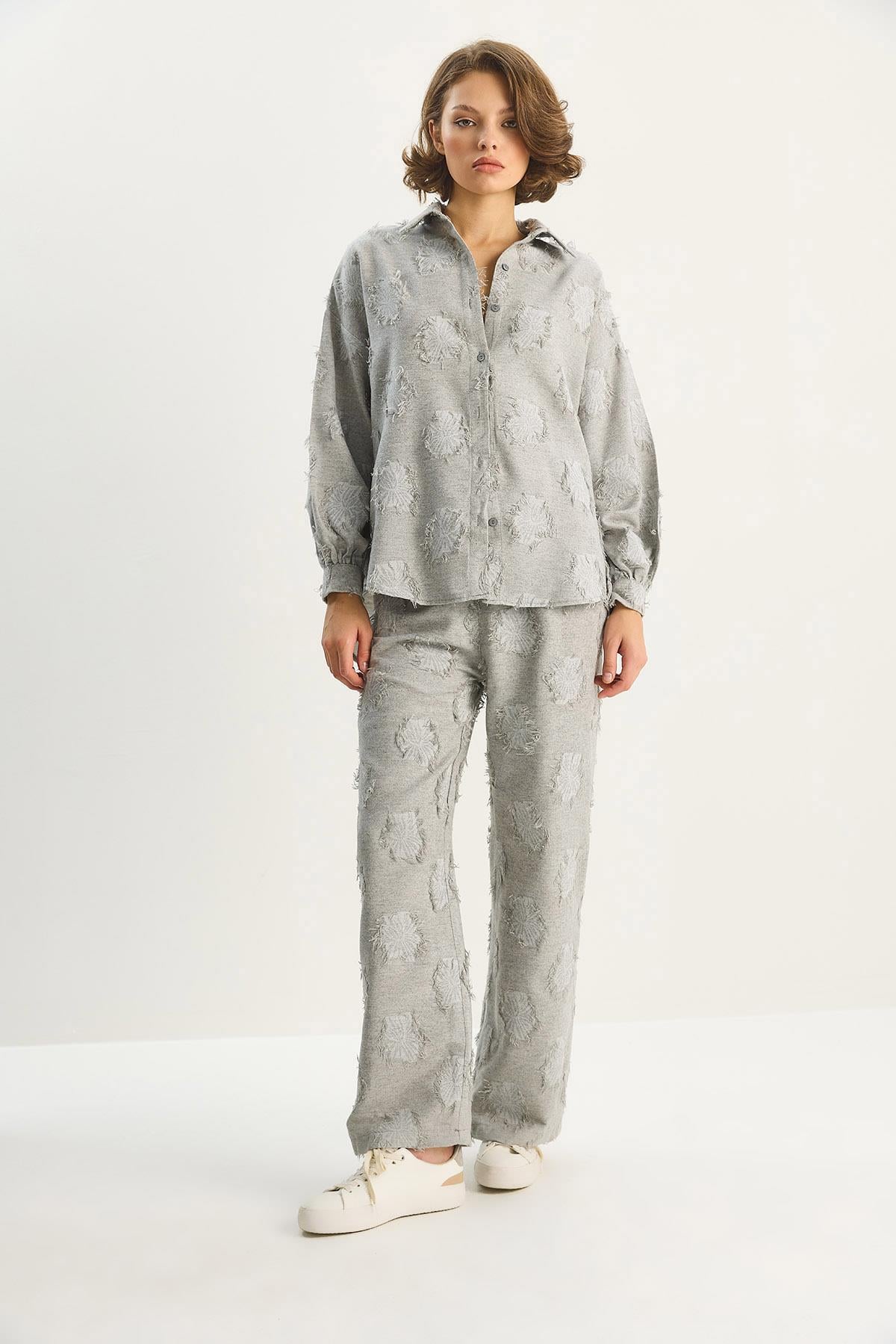 Kadın Oversize Gömlek Beli Lastikli Pantolon Saçaklı Dokuma Alt-Üst Takım 6024 60284107 - Gri ALT - ÜST TAKIM modelleri