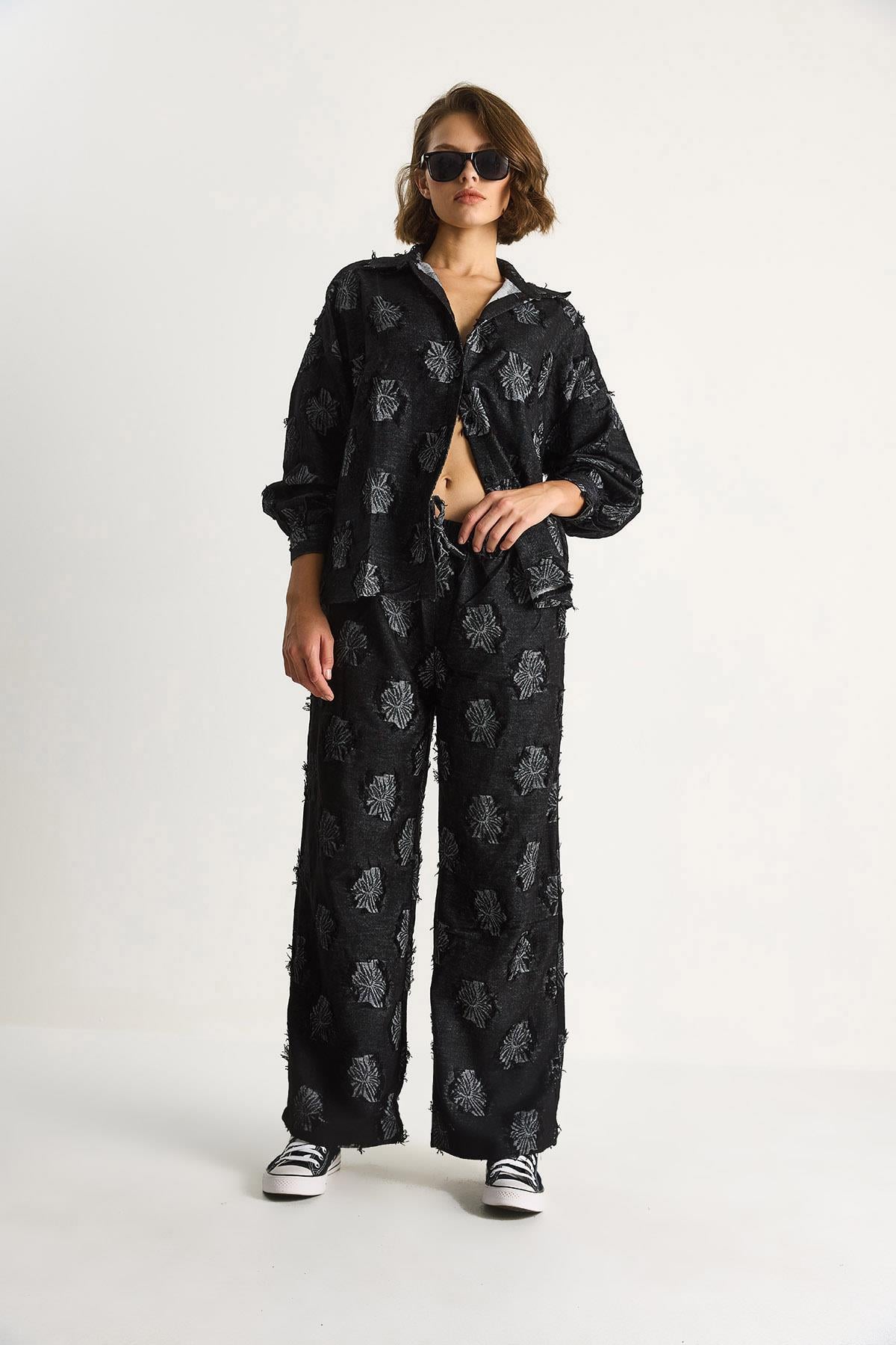 Kadın Oversize Gömlek Beli Lastikli Pantolon Saçaklı Dokuma Alt-Üst Takım 6024 60284107 - Siyah ALT - ÜST TAKIM modelleri