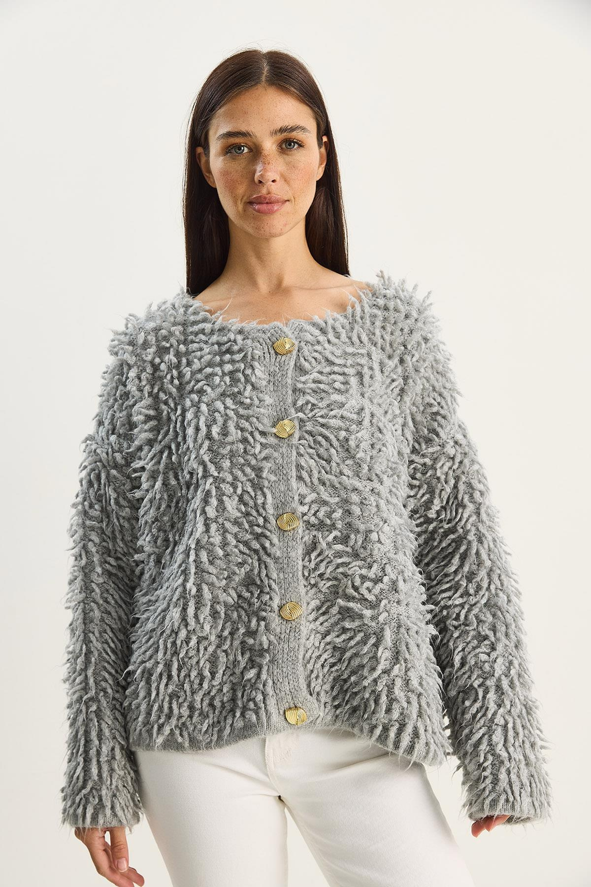Kadın Oversize Saçaklı Triko Hırka 9062 60283750 - Gri HIRKA modelleri