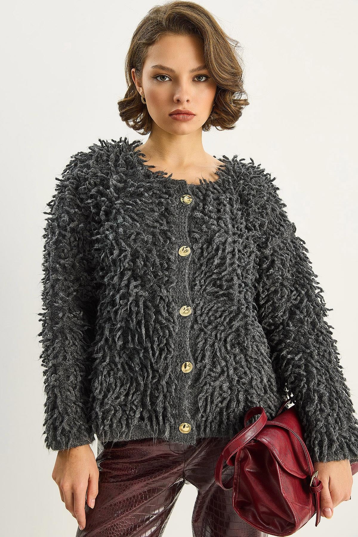 Kadın Oversize Saçaklı Triko Hırka 9062 60283750 - Antrasit HIRKA modelleri